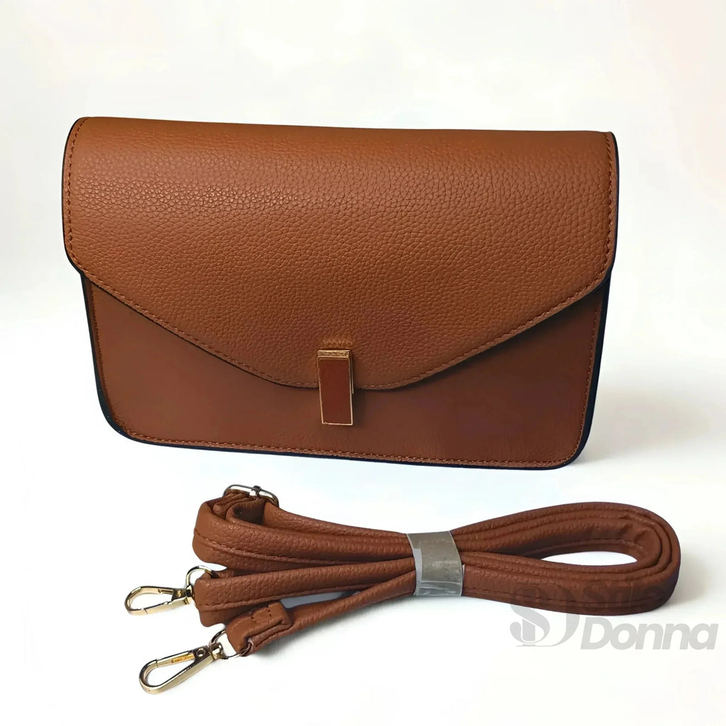 Borsa a Tracolla in Ecopelle Marrone con Chiusura a Girello e Finiture Oro - Stile Donna Bags