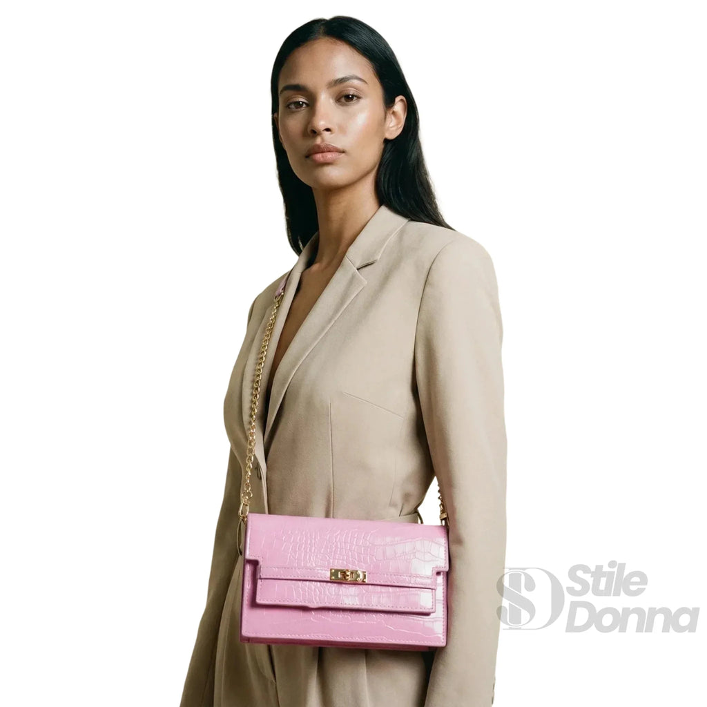 Borsa a Tracolla in Ecopelle Rosa con Struttura Coccodrillo - Stile Donna Bags
