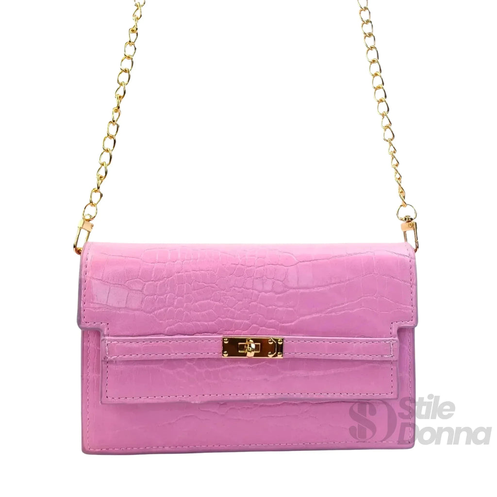 Borsa a Tracolla in Ecopelle Rosa con Struttura Coccodrillo - Stile Donna Bags
