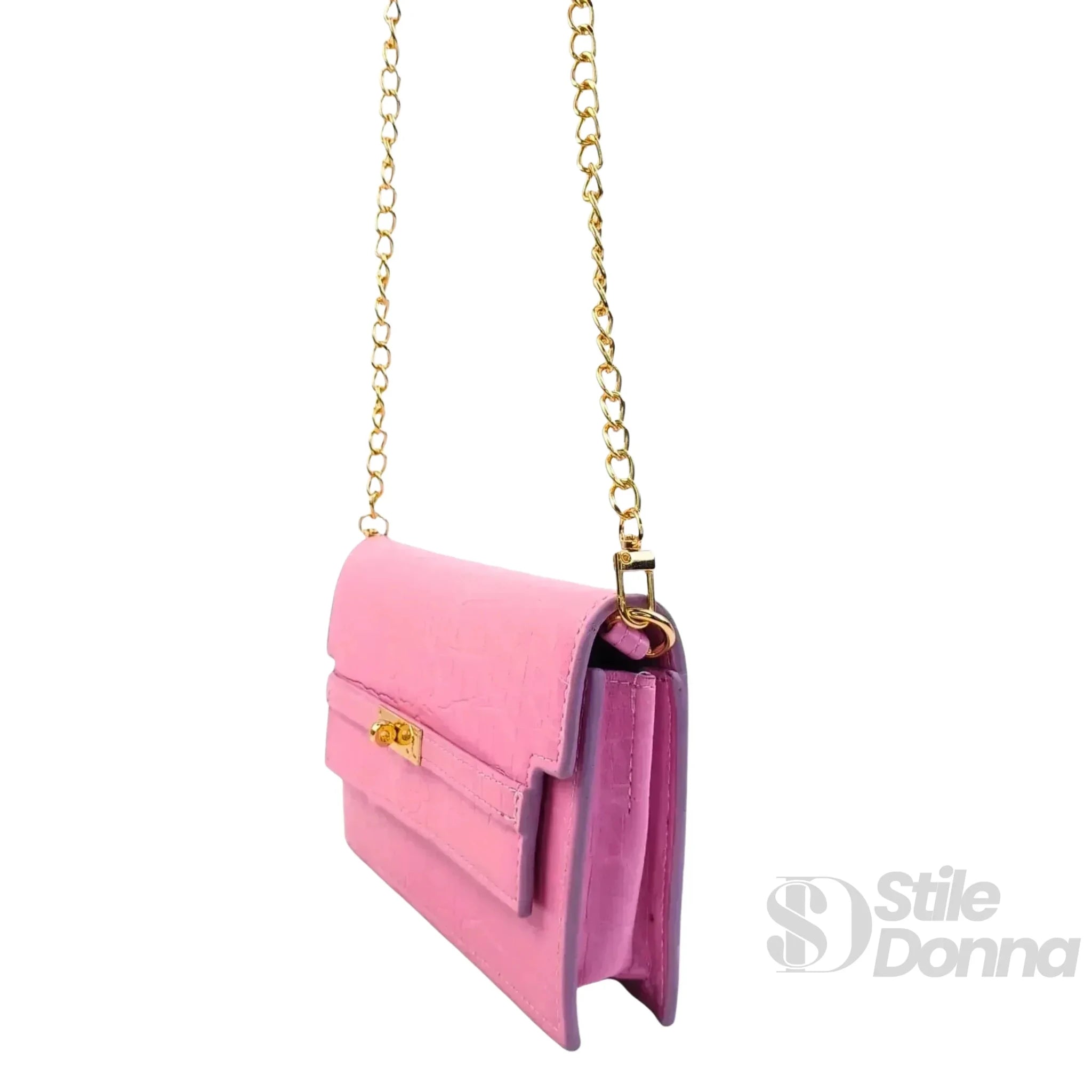 Borsa a Tracolla in Ecopelle Rosa con Struttura Coccodrillo - Stile Donna Bags