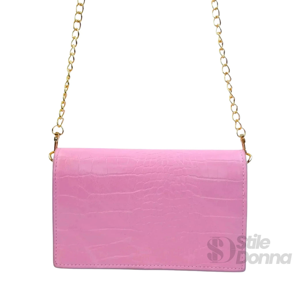 Borsa a Tracolla in Ecopelle Rosa con Struttura Coccodrillo - Stile Donna Bags
