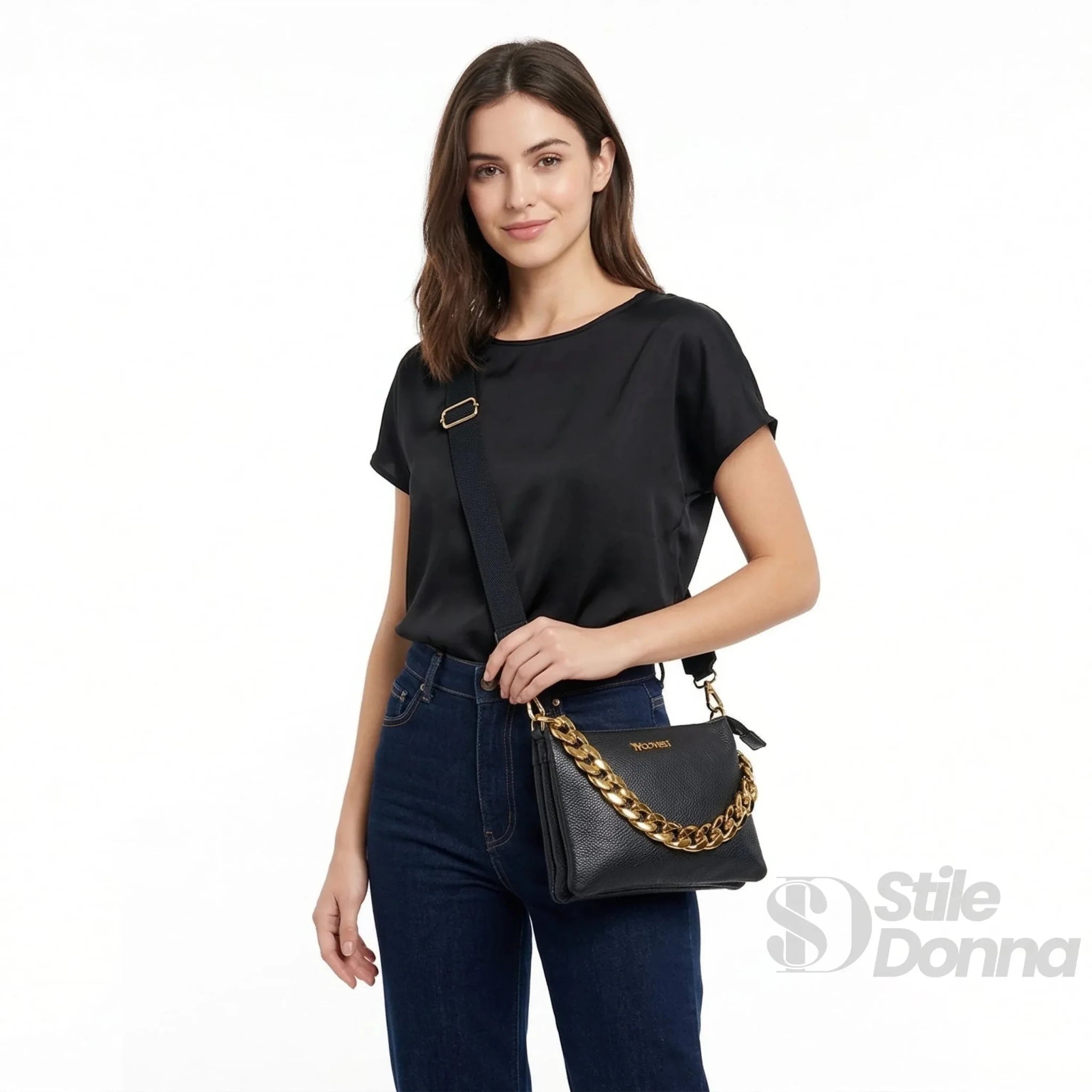 Borsa a Tracolla in Ecopelle con Catena Dorata e Chiusura a Cerniera - Stile Donna Bags