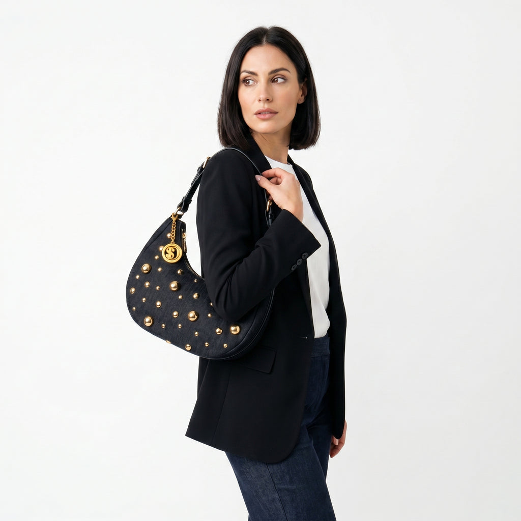 Borsa in Denim con Tracolla Rimovibile e Chiusura a Cerniera - Stile Donna Bags