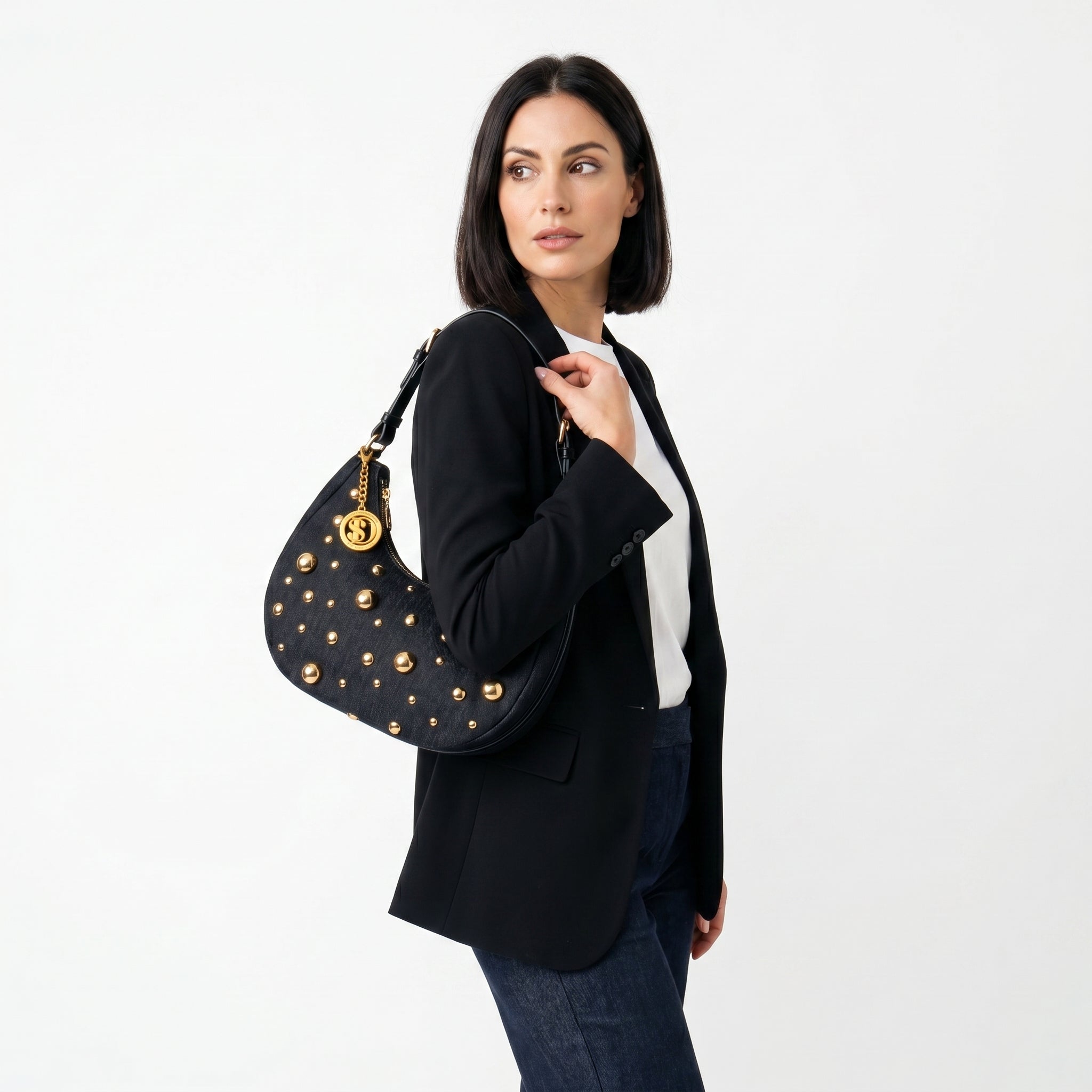 Borsa in Denim con Tracolla Rimovibile e Chiusura a Cerniera - Stile Donna Bags