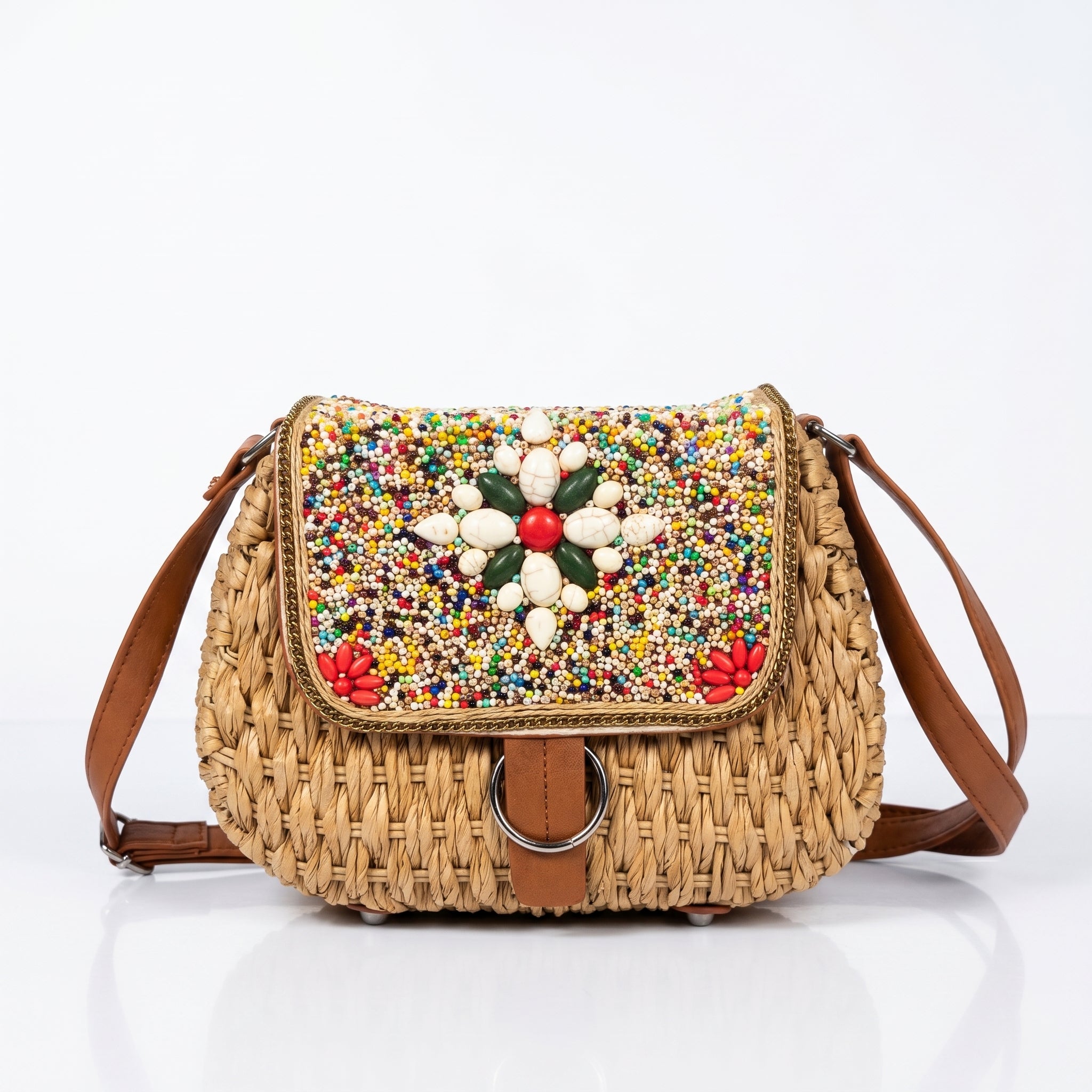 Borsa Tracolla in Rafia Intrecciata con Pattino Ricamato a Perline - Stile Donna Bags