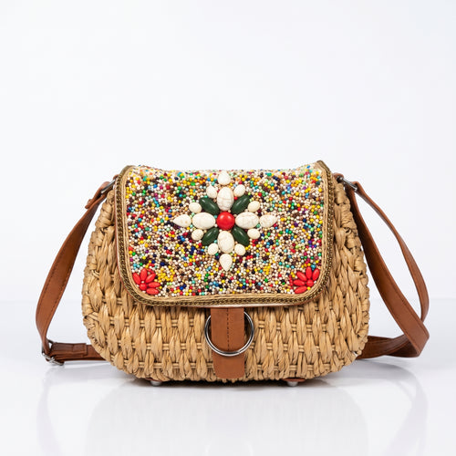 Borsa Tracolla in Rafia Intrecciata con Pattino Ricamato a Perline - Stile Donna Bags