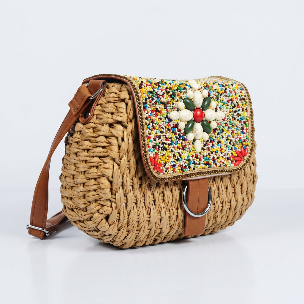 Borsa Tracolla in Rafia Intrecciata con Pattino Ricamato a Perline - Stile Donna Bags