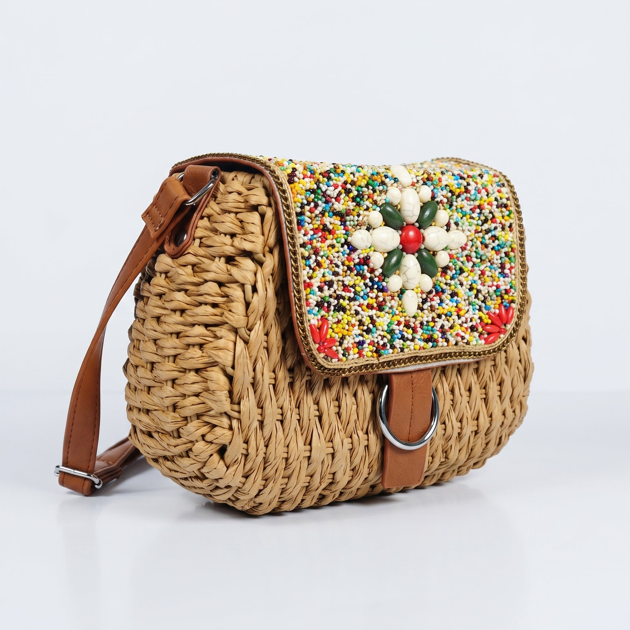 Borsa Tracolla in Rafia Intrecciata con Pattino Ricamato a Perline - Stile Donna Bags