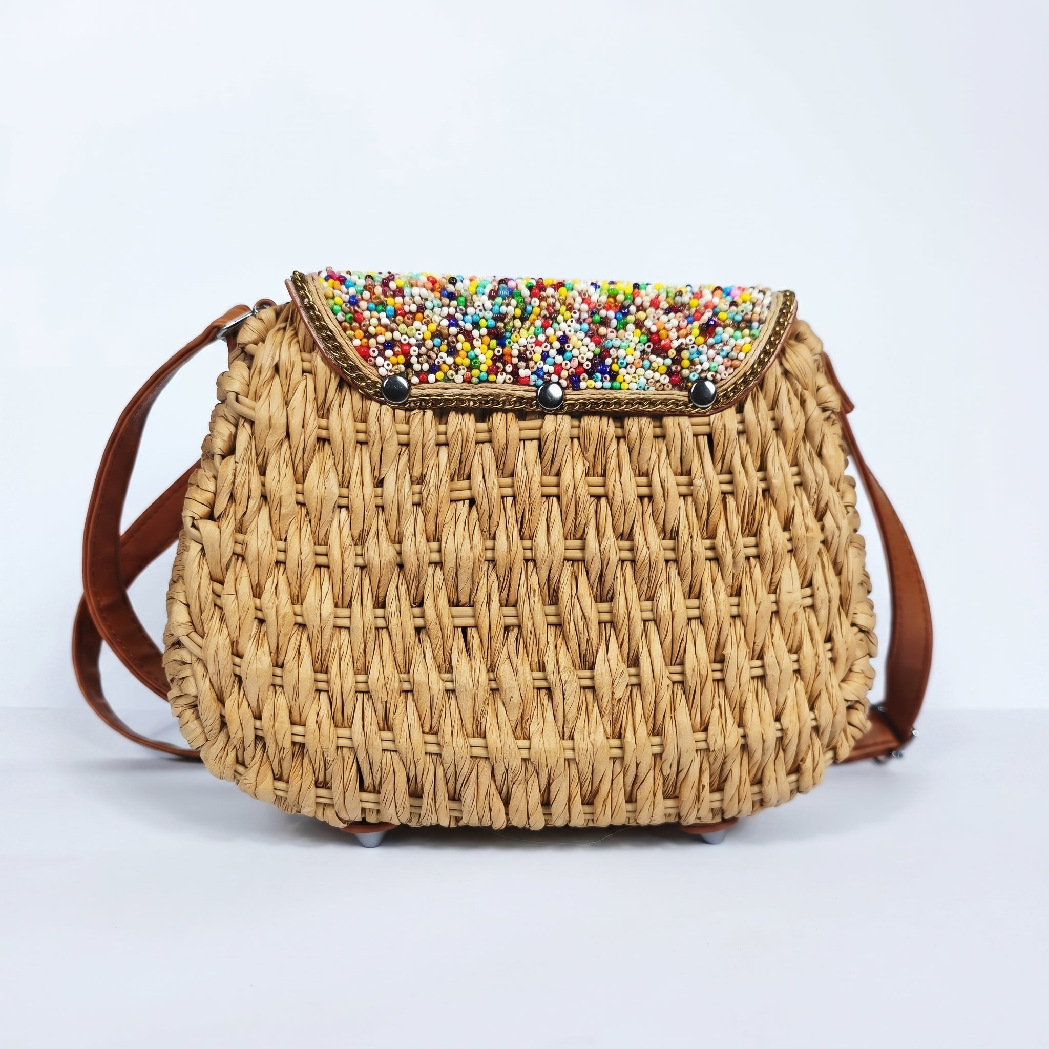 Borsa Tracolla in Rafia Intrecciata con Pattino Ricamato a Perline - Stile Donna Bags