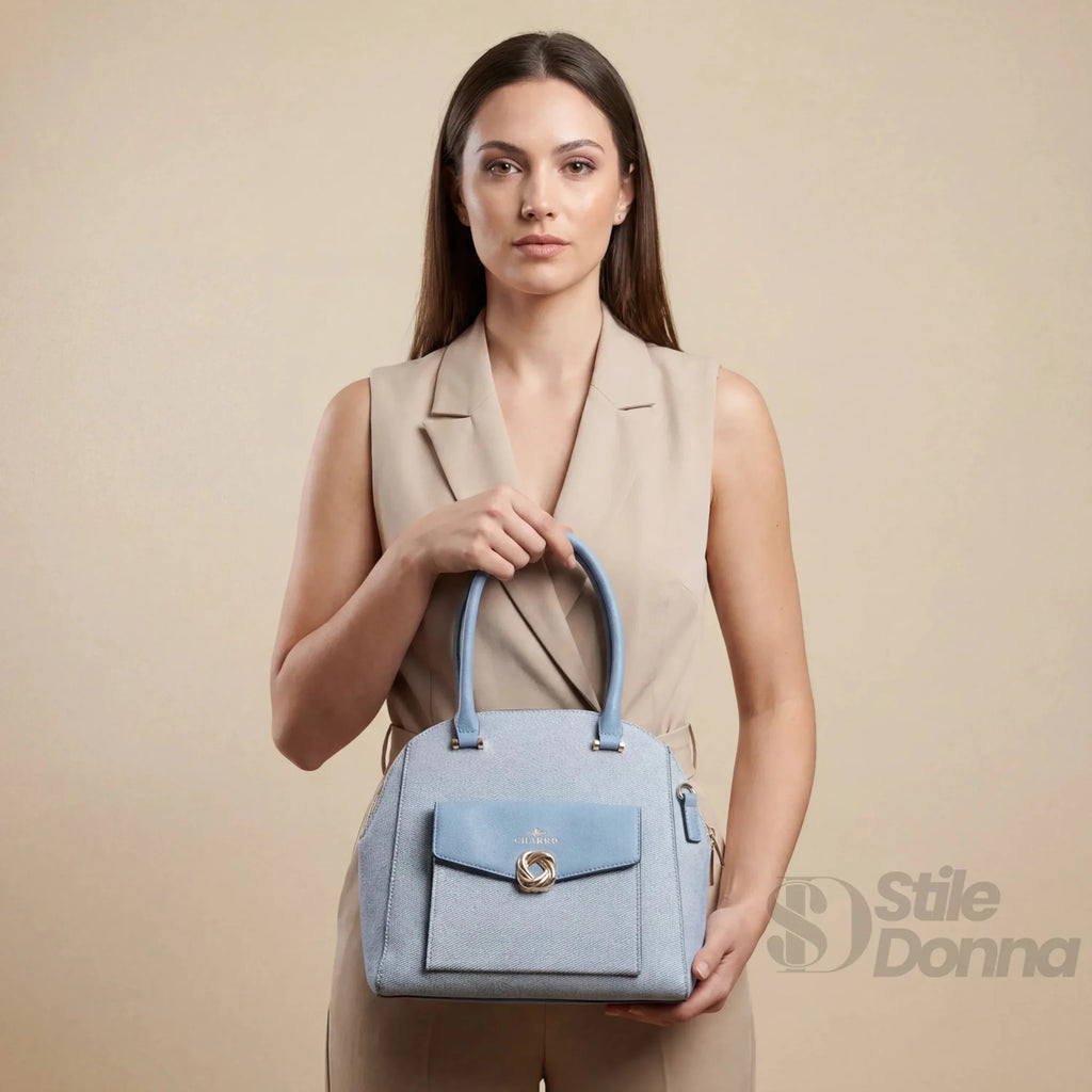Charro Borsa Strutturata Azzurra con Manico Superiore in Ecopelle e Dettagli Oro - Stile Donna Bags