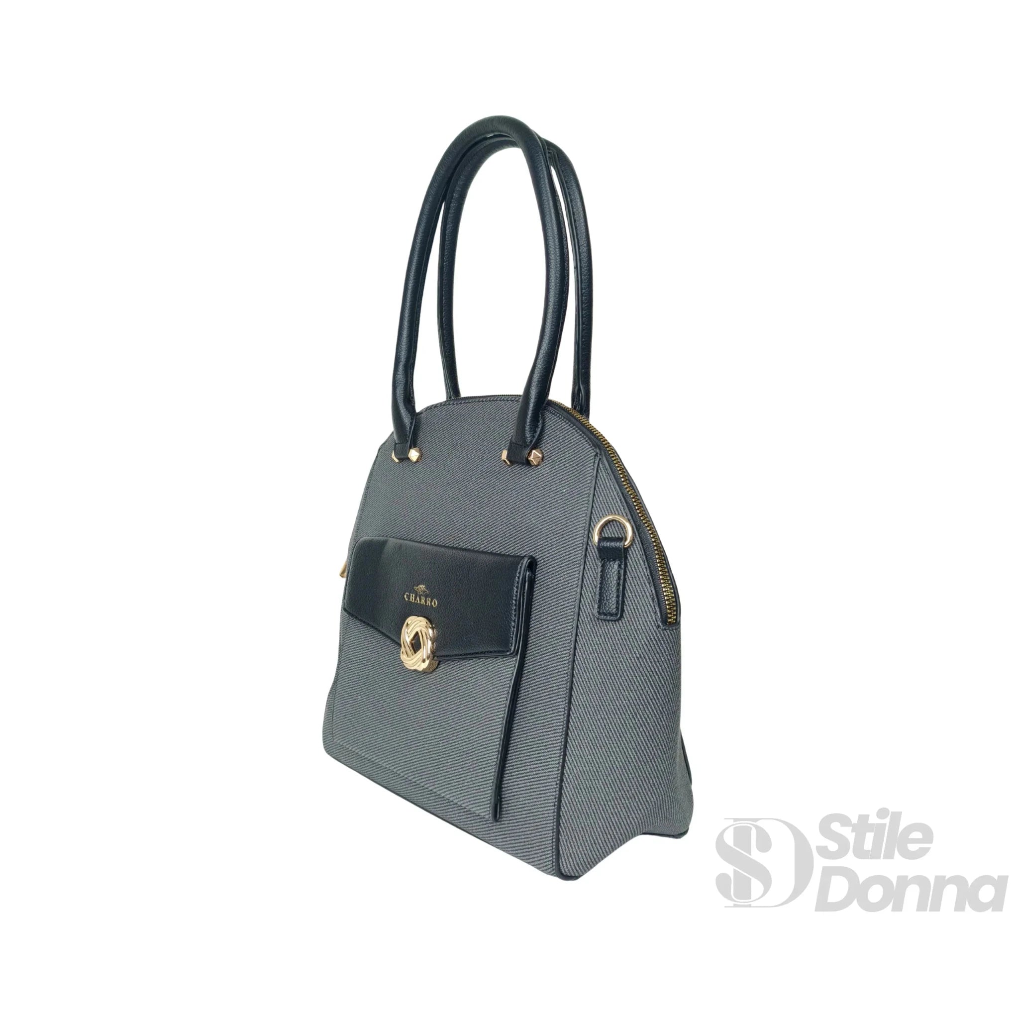 Charro Borsa Strutturata Azzurra con Manico Superiore in Ecopelle e Dettagli Oro - Stile Donna Bags