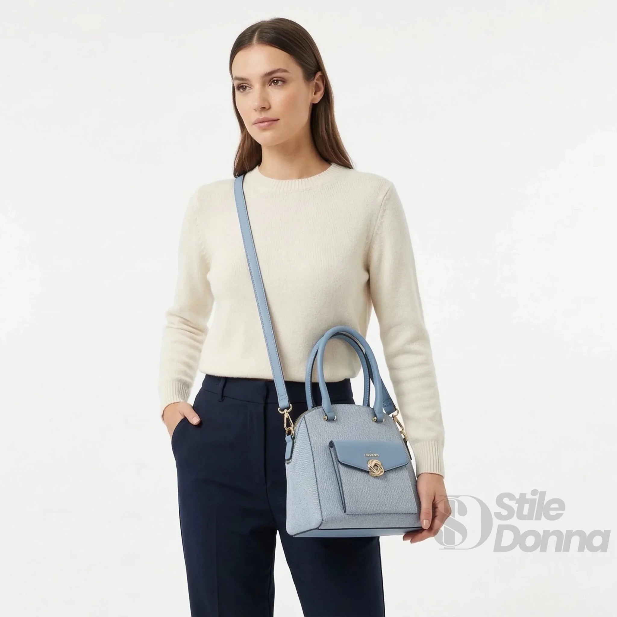 Charro Borsa Strutturata Azzurra con Manico Superiore in Ecopelle e Dettagli Oro - Stile Donna Bags
