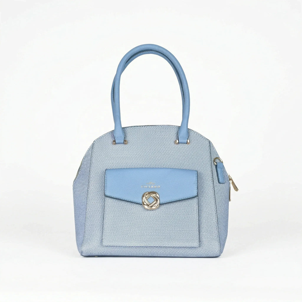 Charro Borsa Strutturata Azzurra con Manico Superiore in Ecopelle e Dettagli Oro - Stile Donna Bags