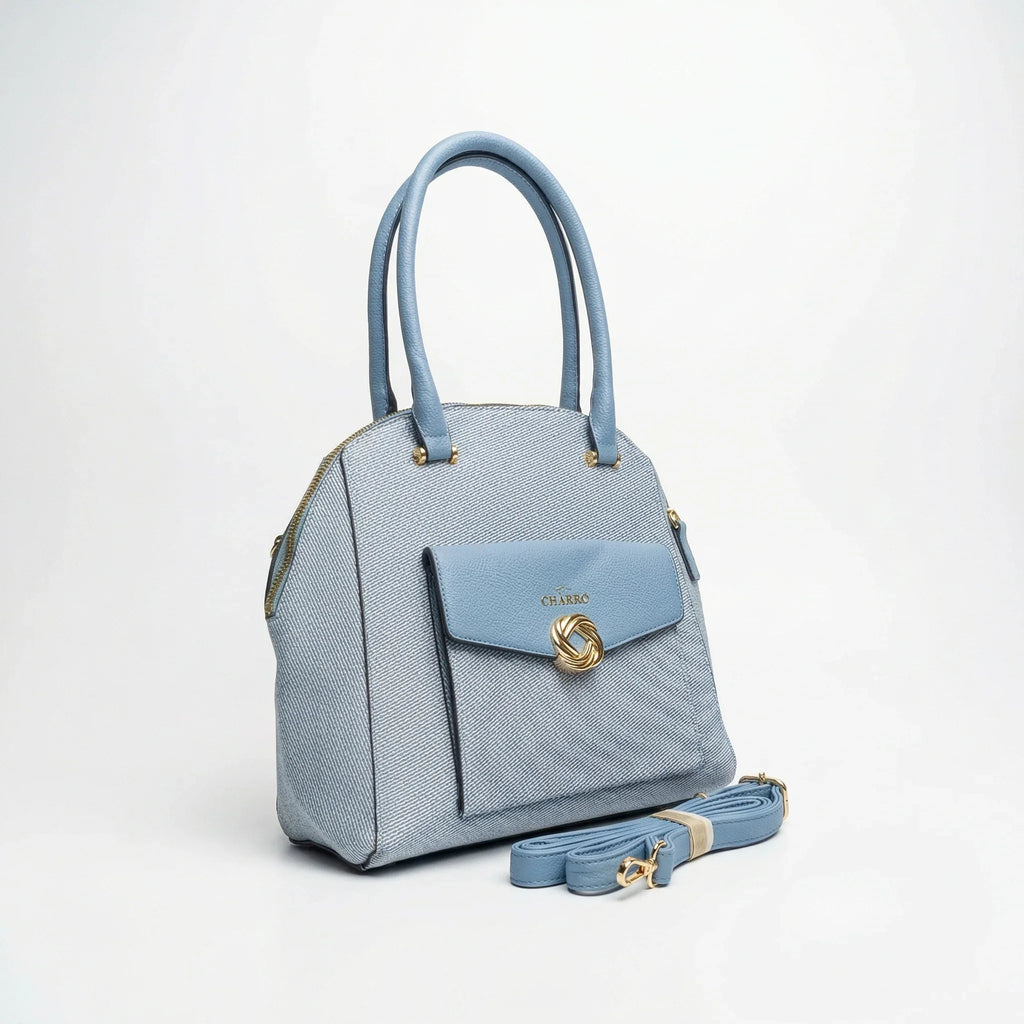 Charro Borsa Strutturata Azzurra con Manico Superiore in Ecopelle e Dettagli Oro - Stile Donna Bags