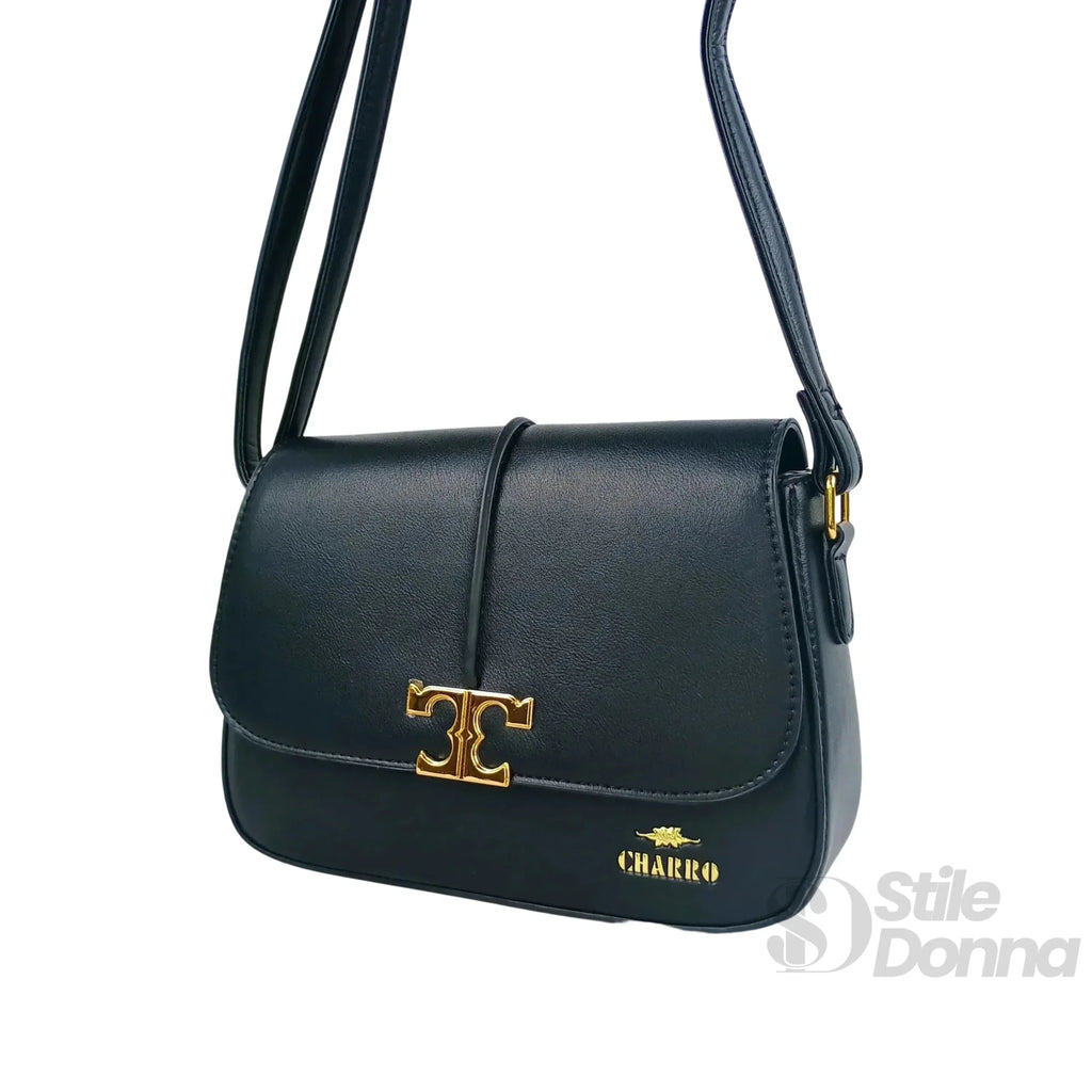 Charro Borsa a Tracolla in Ecopelle Nera con Chiusura Logo - Stile Donna Bags