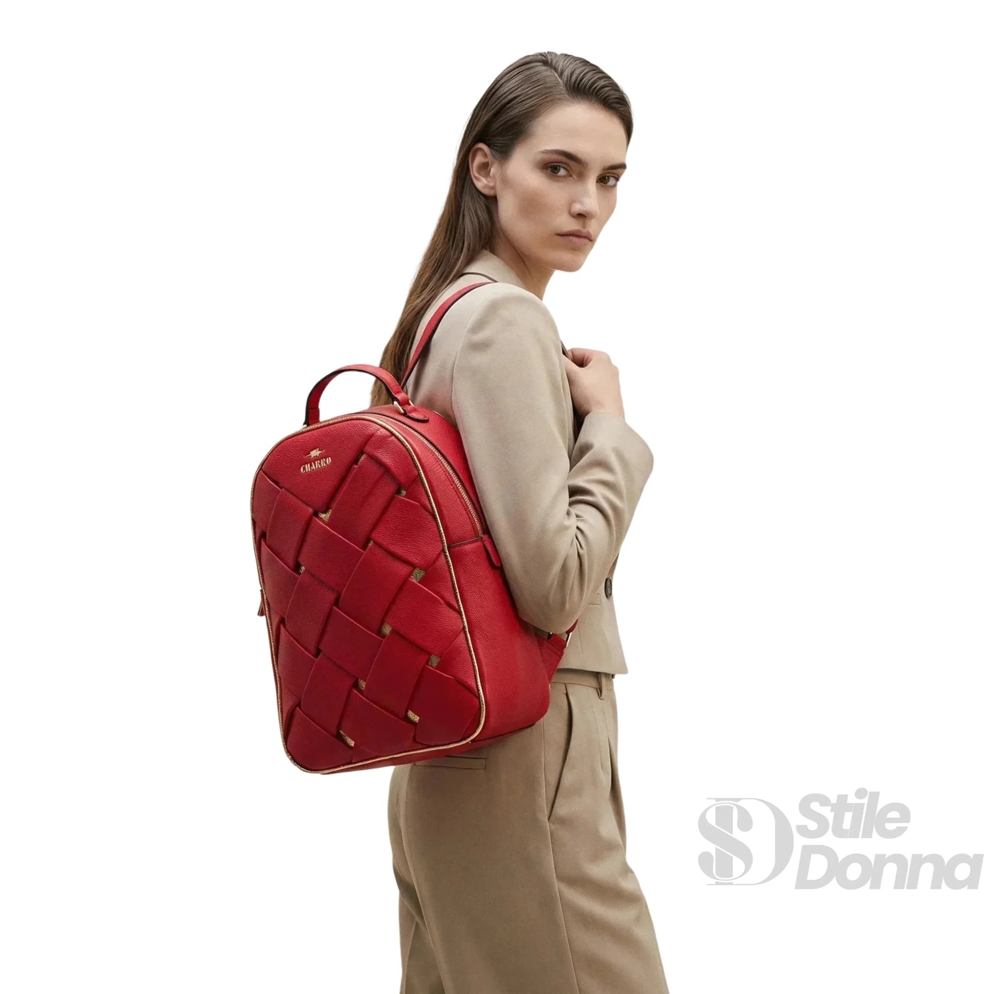 Charro Zaino in Ecopelle Intrecciata Rosso con Due Scomparti - Stile Donna Bags