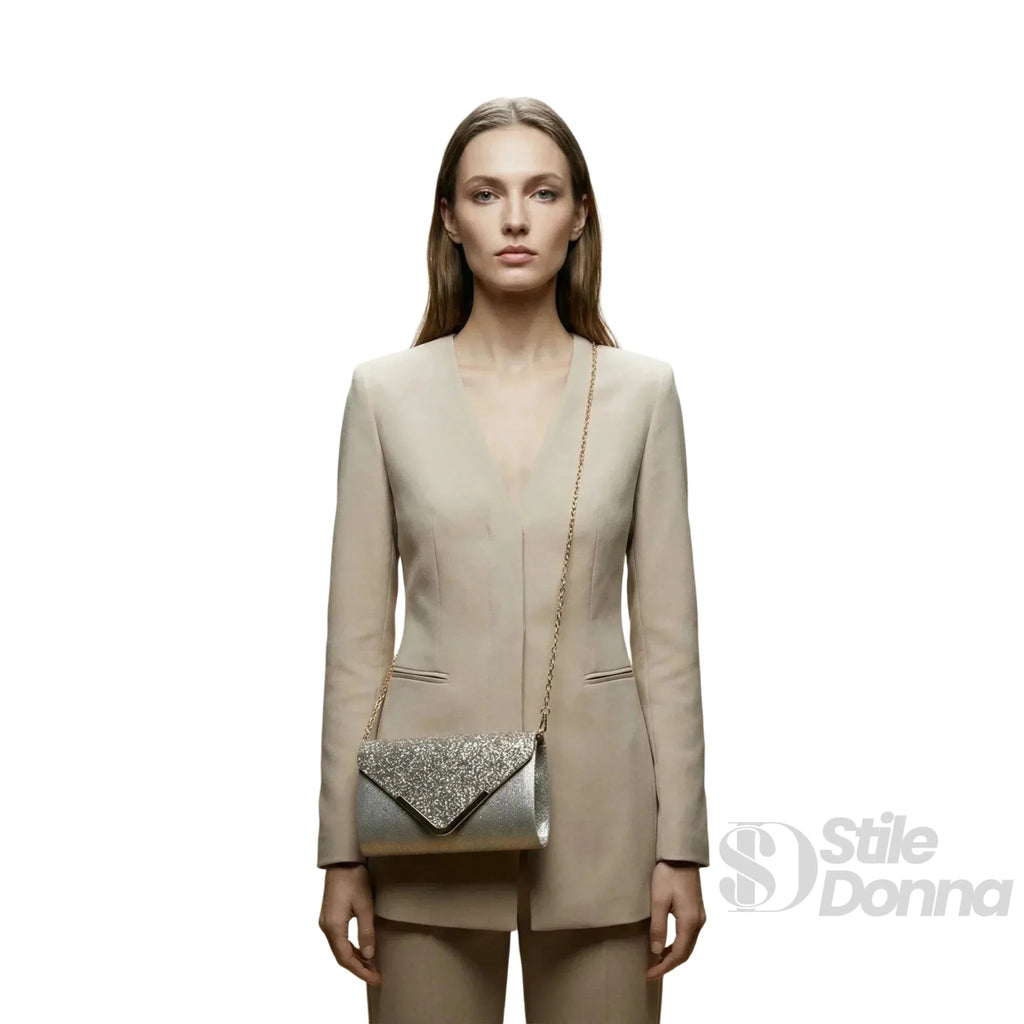 Clutch Busta Argentata da Sera in Strass e Microfibra - Stile Donna Bags