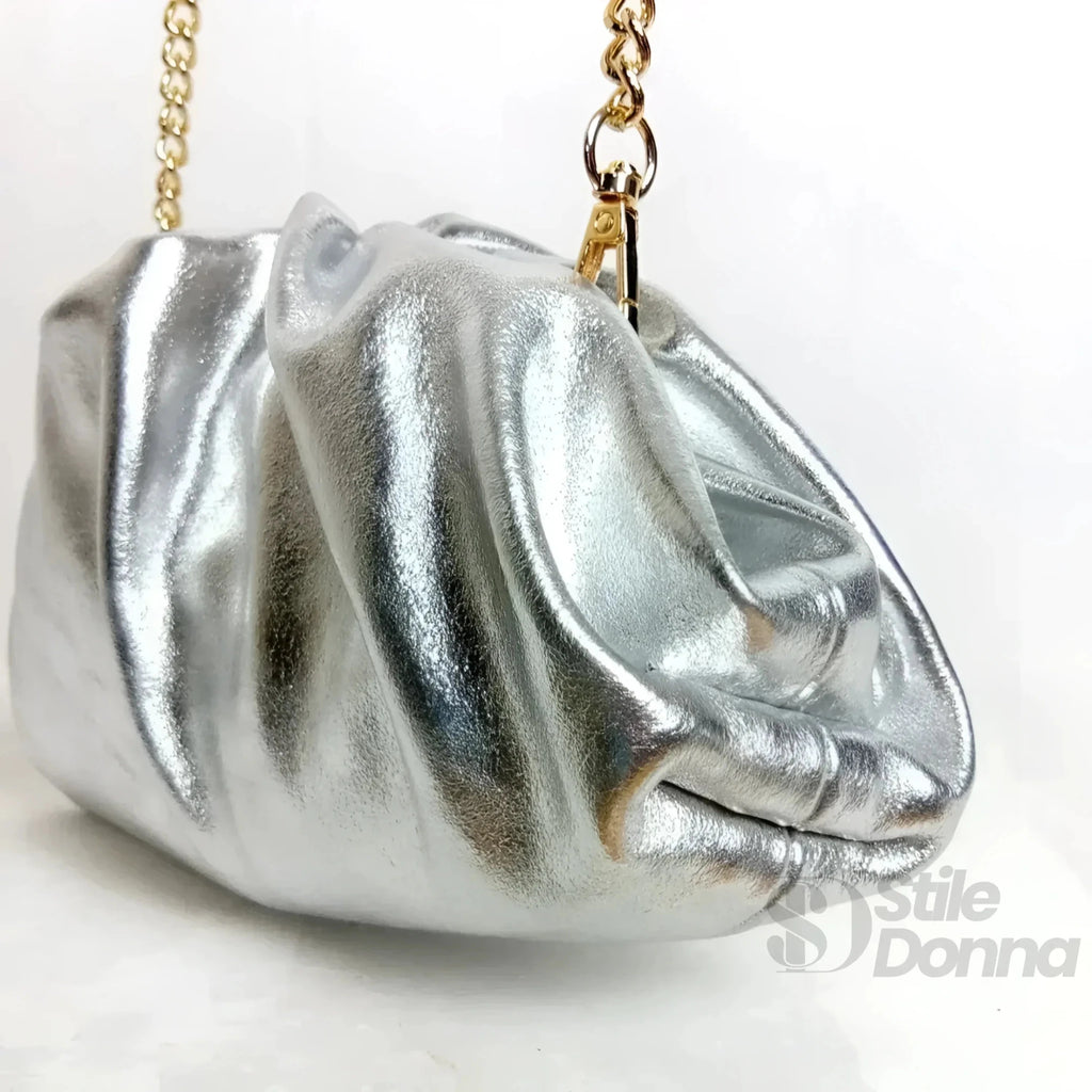 Clutch Metallizzata in Vera Pelle con Catena Dorata per Serate - Stile Donna Bags