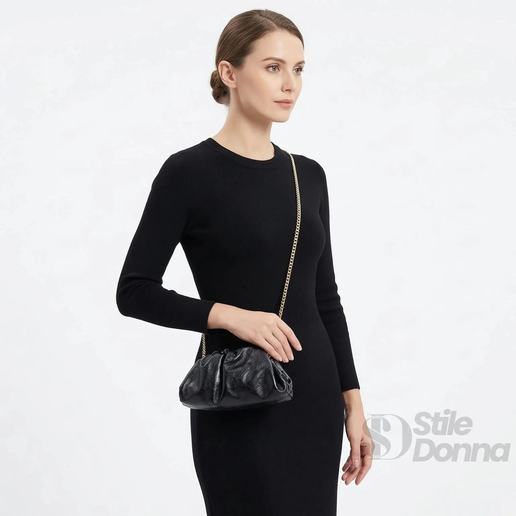 Clutch Metallizzata in Vera Pelle con Catena Dorata per Serate - Stile Donna Bags