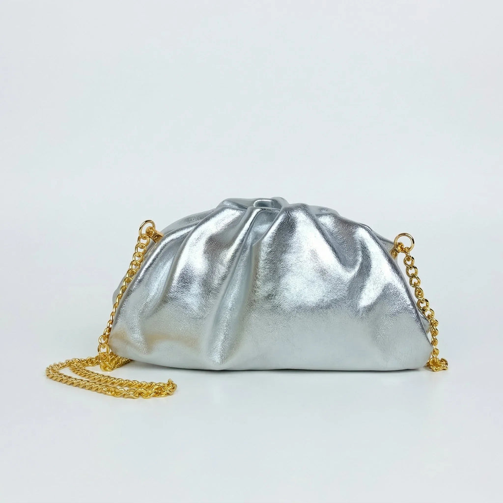 Clutch Metallizzata in Vera Pelle con Catena Dorata per Serate - Stile Donna Bags