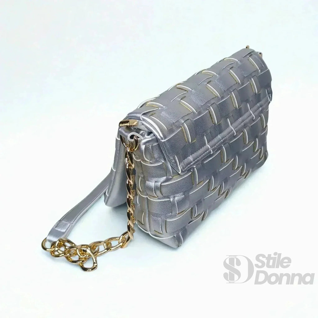 Coconuda Borsa Intrecciata Argento a Tracolla in Ecopelle con Dettagli Dorati - Stile Donna Bags