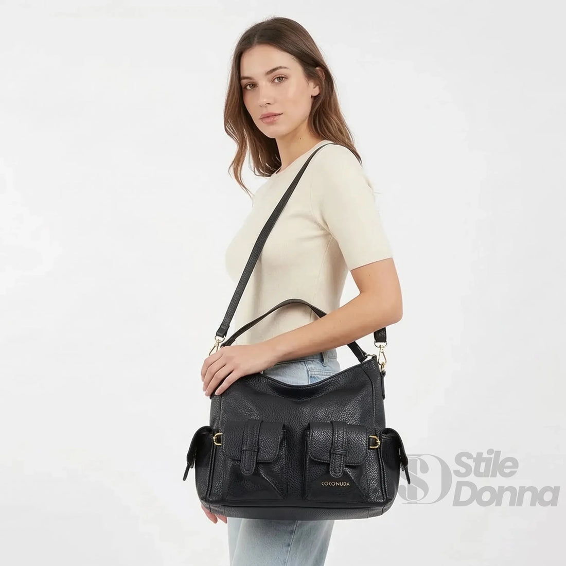 Coconuda Borsa Shopper in Ecopelle Nera con Tasche Multiple