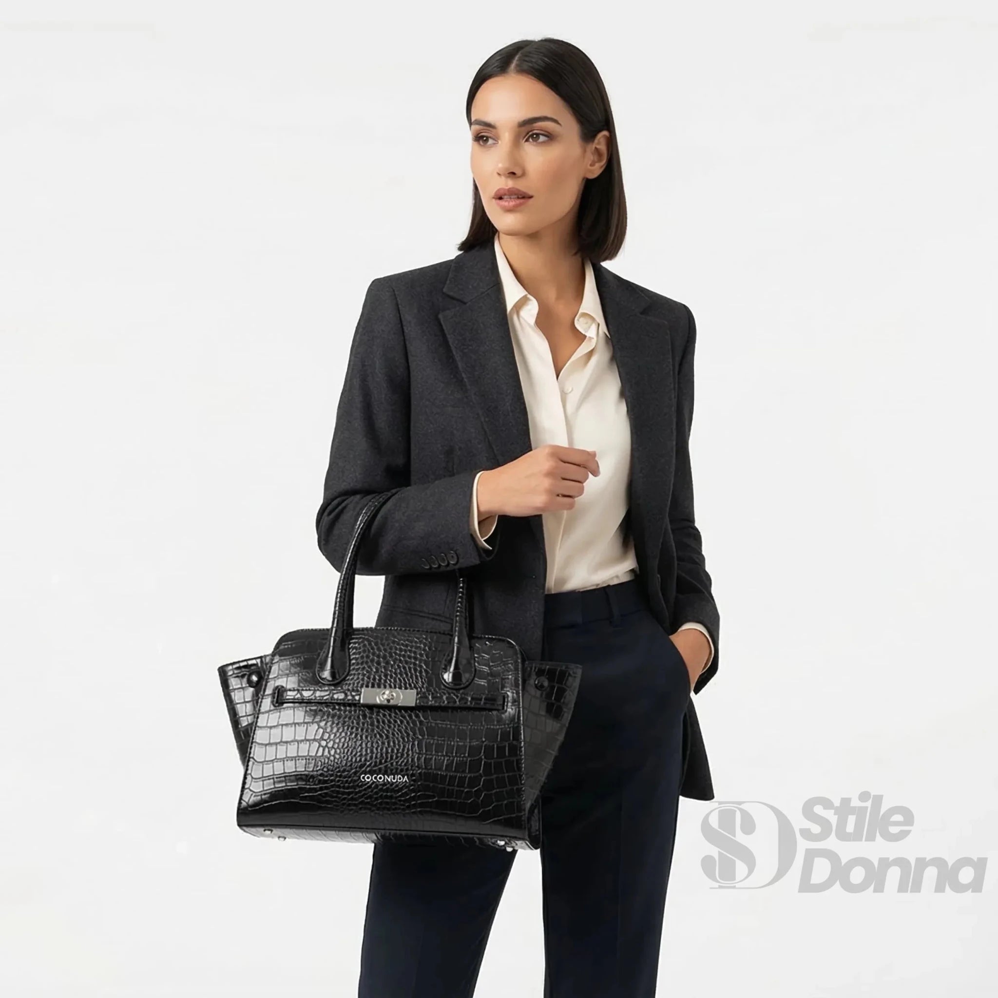 Coconuda Borsa a Mano in Pelle Verniciata Lucida Nera con Manici - Stile Donna Bags