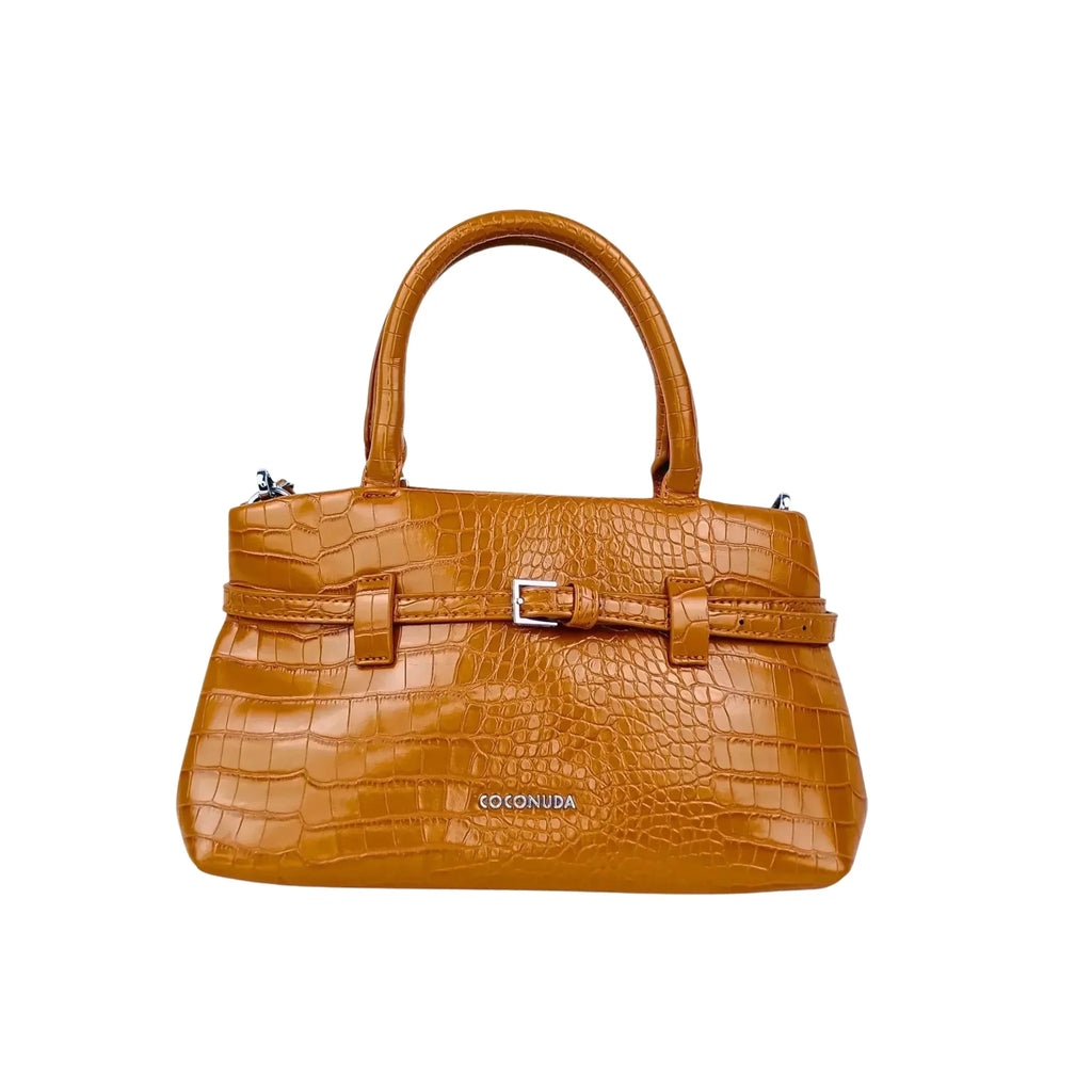 Coconuda Borsa a Mano in Pelle Verniciata Lucida Marrone Effetto Coccodrillo - Stile Donna Bags