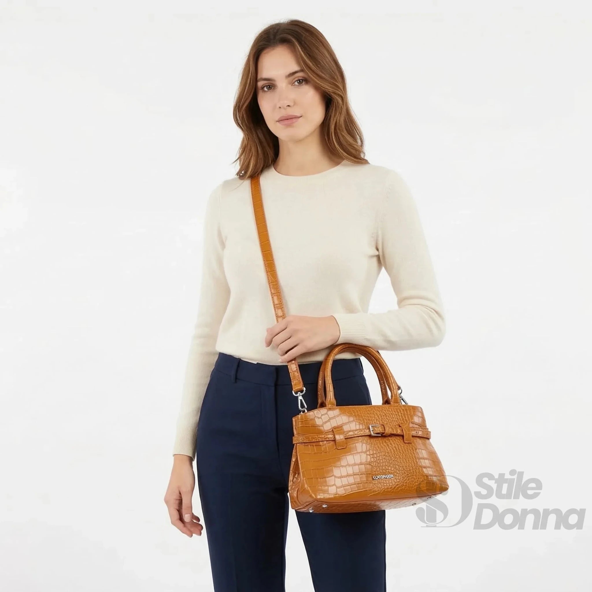 Coconuda Borsa a Mano in Pelle Verniciata Lucida Marrone Effetto Coccodrillo - Stile Donna Bags