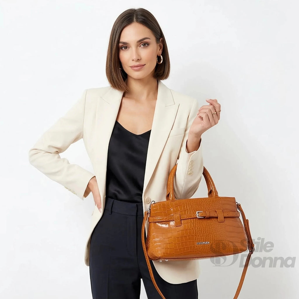 Coconuda Borsa a Mano in Pelle Verniciata Lucida Marrone Effetto Coccodrillo - Stile Donna Bags