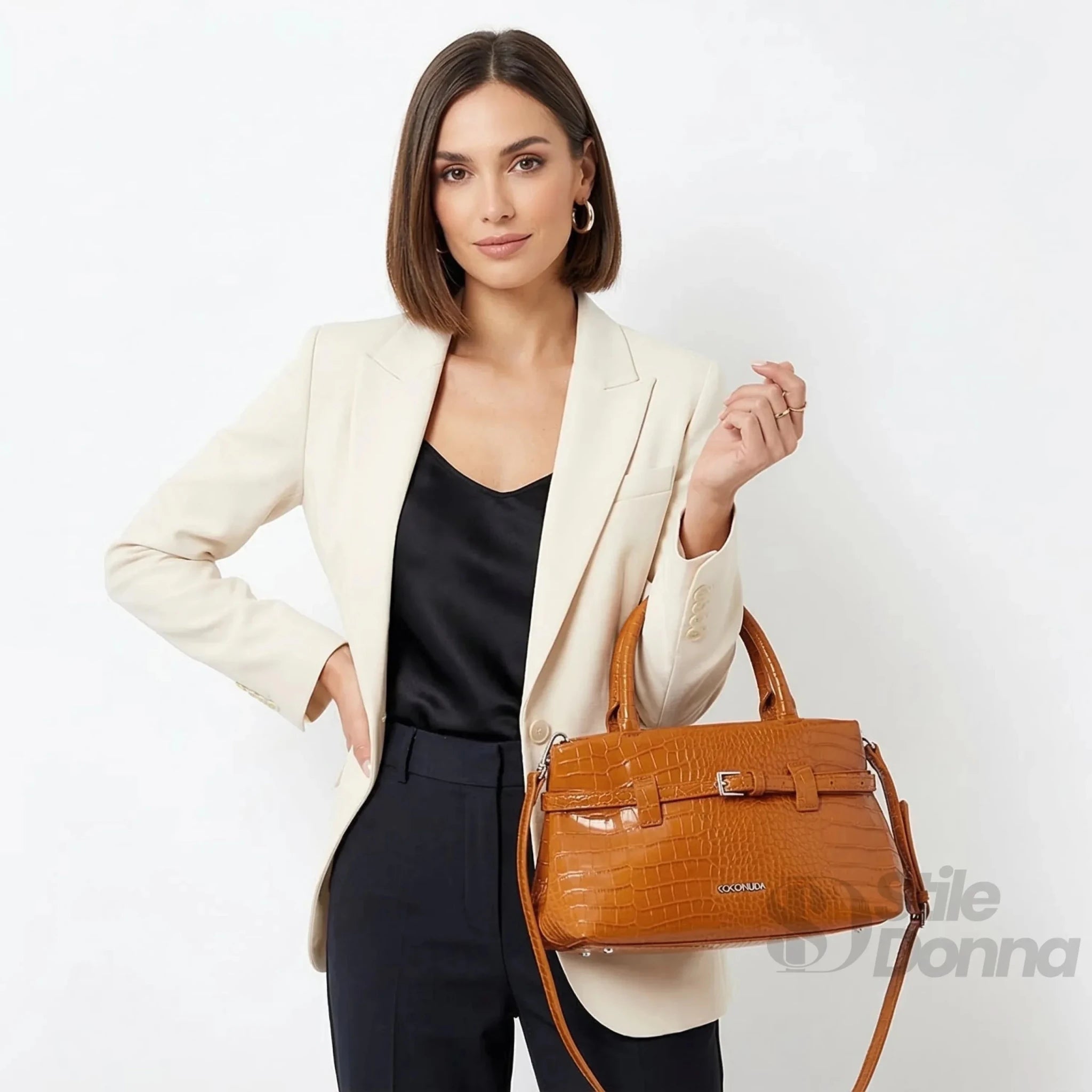Coconuda Borsa a Mano in Pelle Verniciata Lucida Marrone Effetto Coccodrillo - Stile Donna Bags