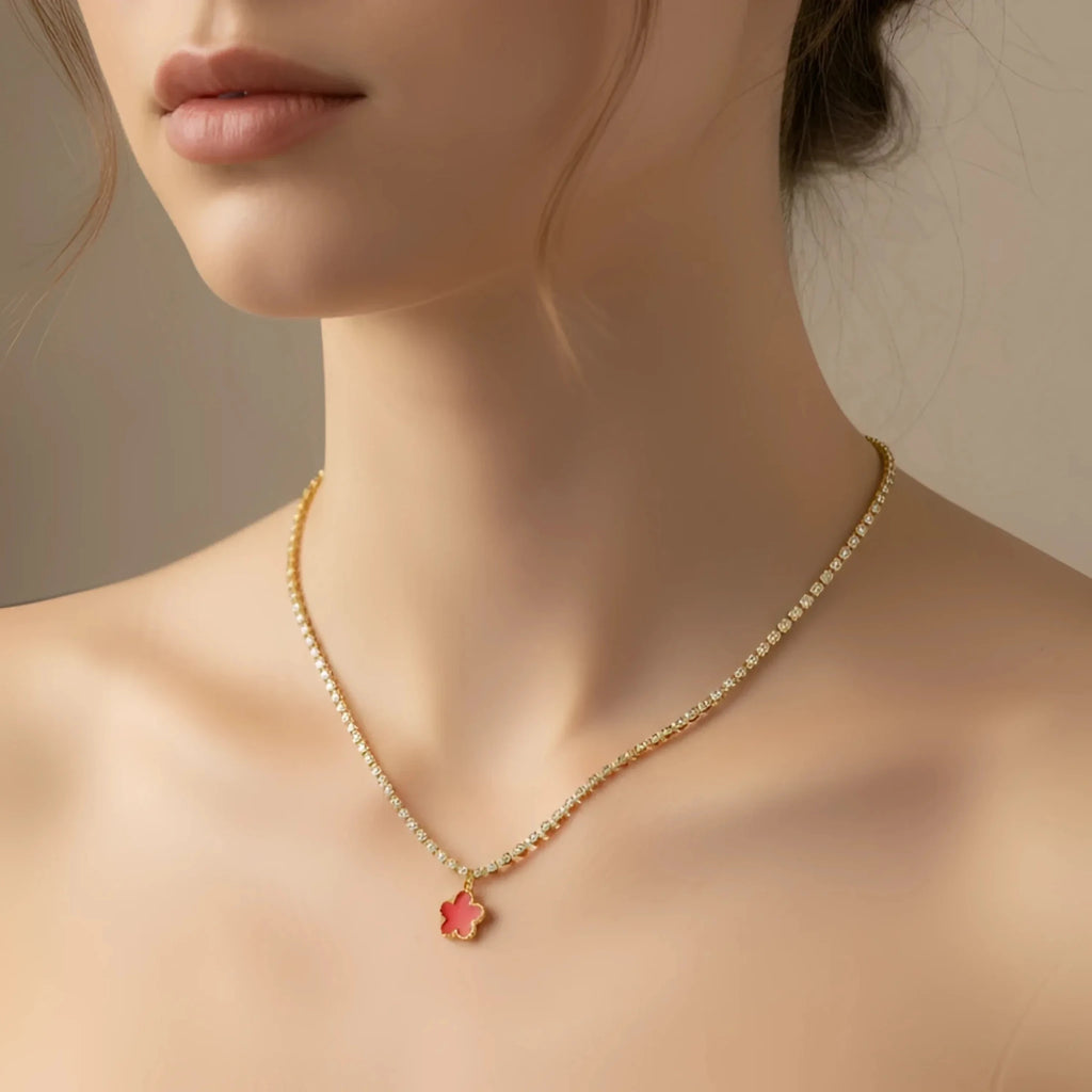 Collana Tennis in Cristallo Oro con Ciondolo Quadrifoglio Rosso - Stile Donna Bags