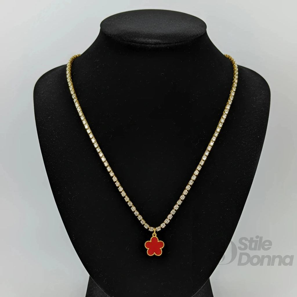Collana Tennis in Cristallo Oro con Ciondolo Quadrifoglio Rosso - Stile Donna Bags