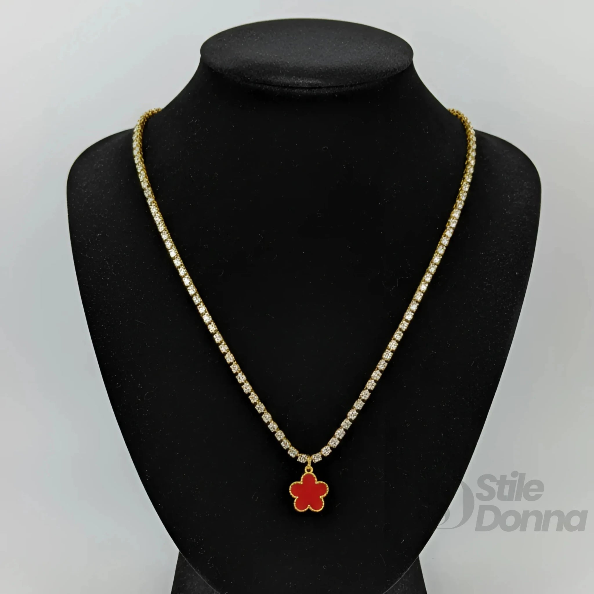Collana Tennis in Cristallo Oro con Ciondolo Quadrifoglio Rosso - Stile Donna Bags