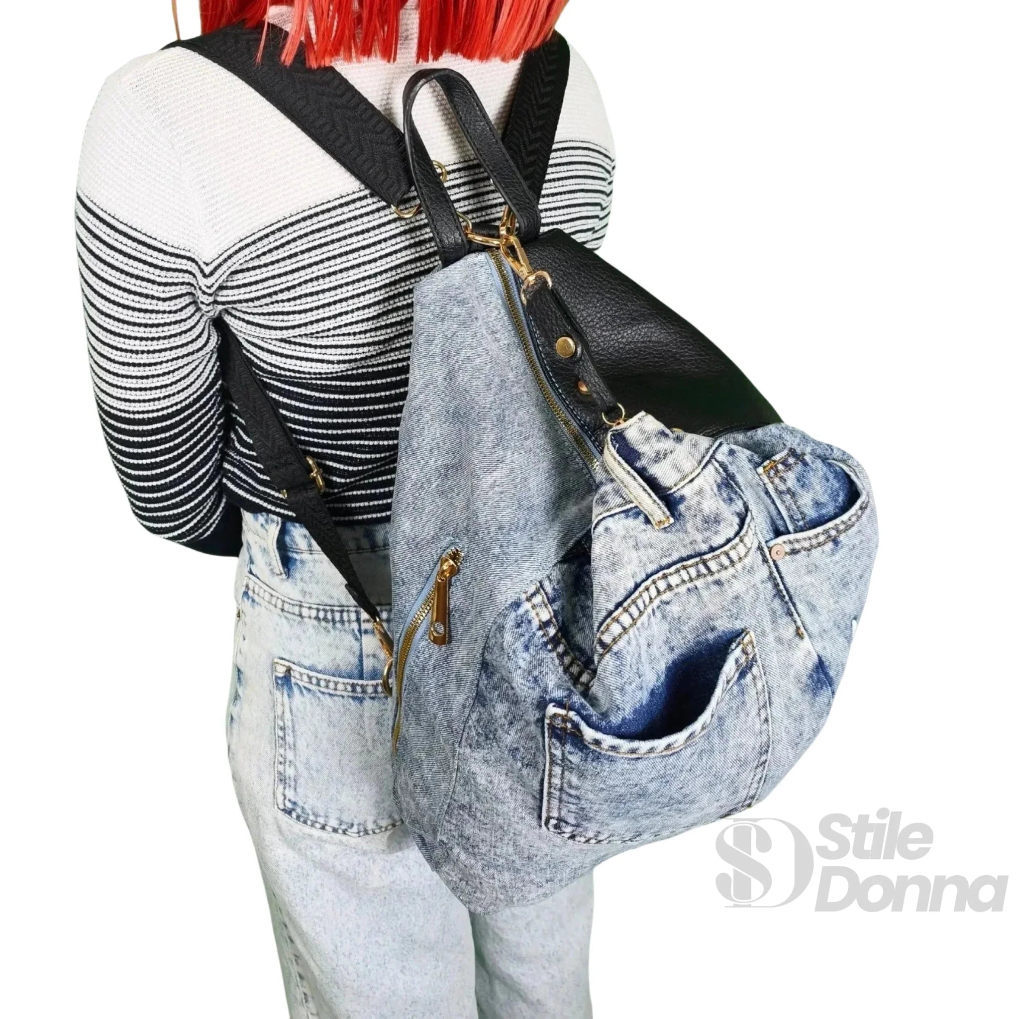 Dask Zaino in Denim con Stampa e Dettagli in Metallo Oro - Stile Donna Bags