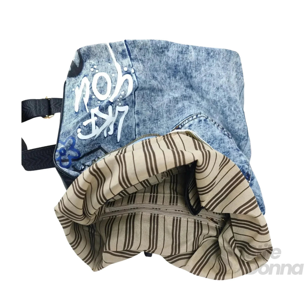 Dask Zaino in Denim con Stampa e Dettagli in Metallo Oro - Stile Donna Bags