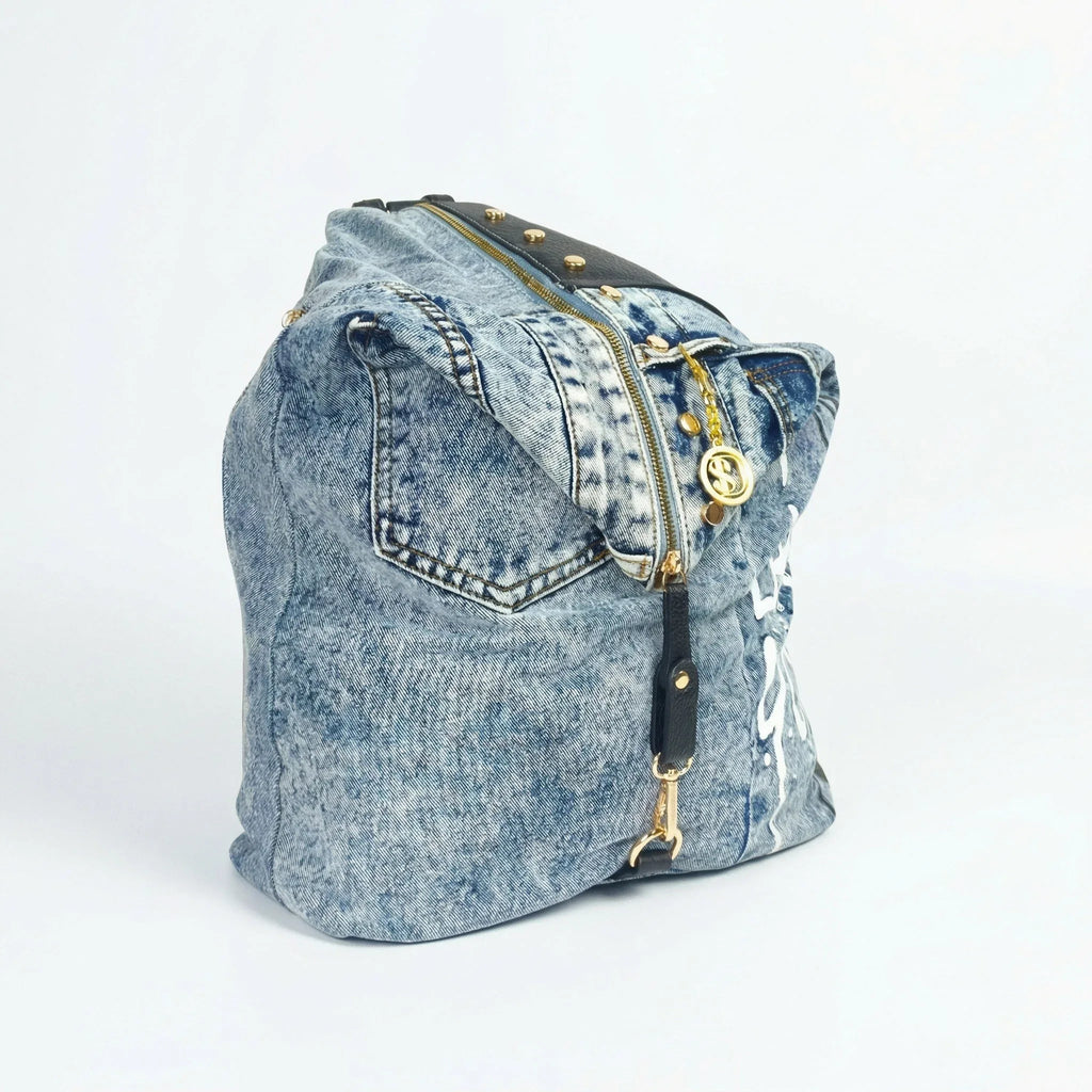 Dask Zaino in Denim con Stampa e Dettagli in Metallo Oro - Stile Donna Bags