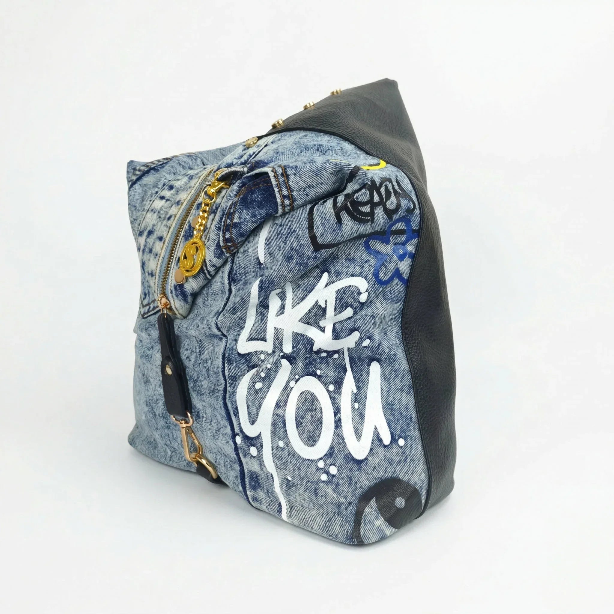 Dask Zaino in Denim con Stampa e Dettagli in Metallo Oro - Stile Donna Bags