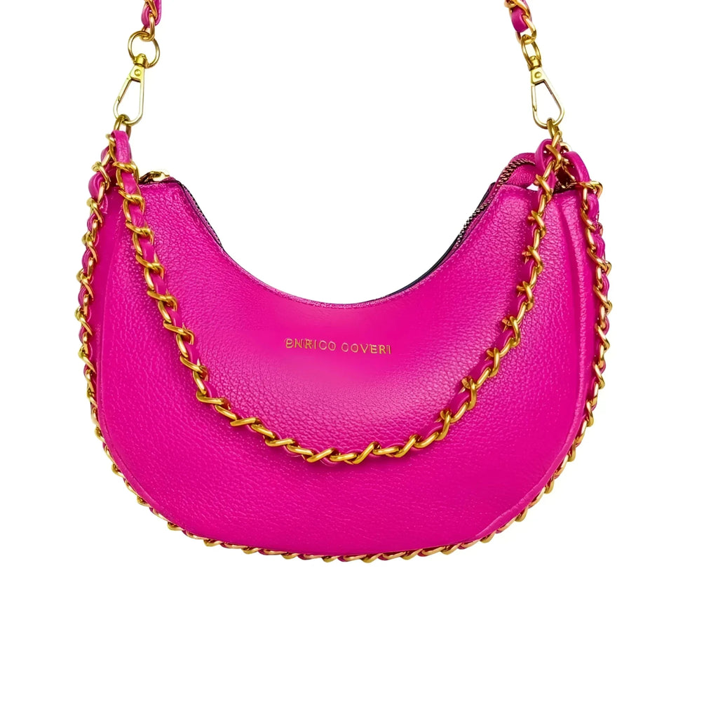 Enrico Coveri Borsa a Spalla Rosa con Tracolla a Catena Dorata - Stile Donna Bags