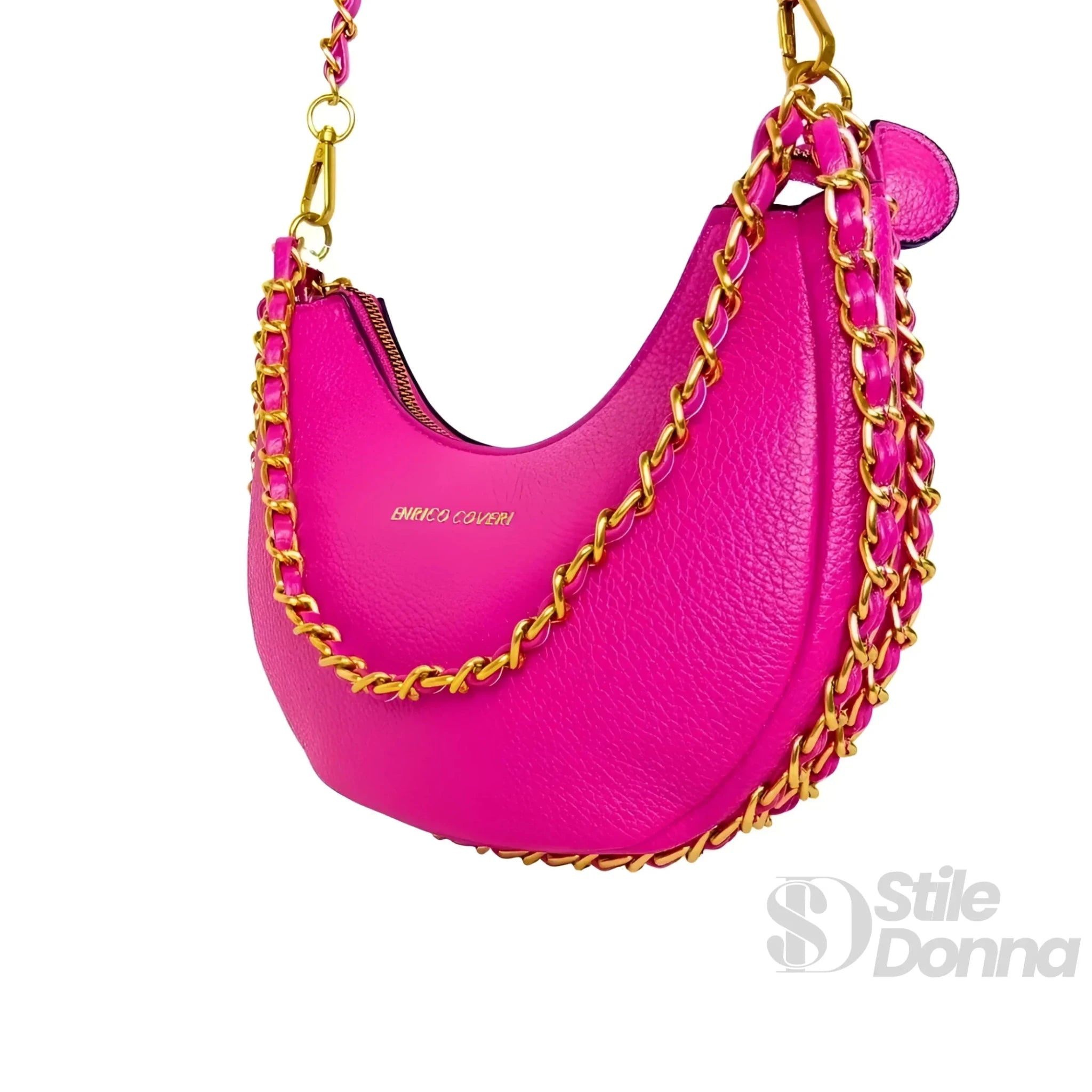 Enrico Coveri Borsa a Spalla Rosa con Tracolla a Catena Dorata - Stile Donna Bags