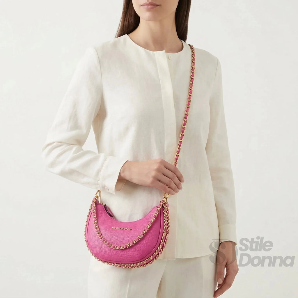 Enrico Coveri Borsa a Spalla Rosa con Tracolla a Catena Dorata - Stile Donna Bags