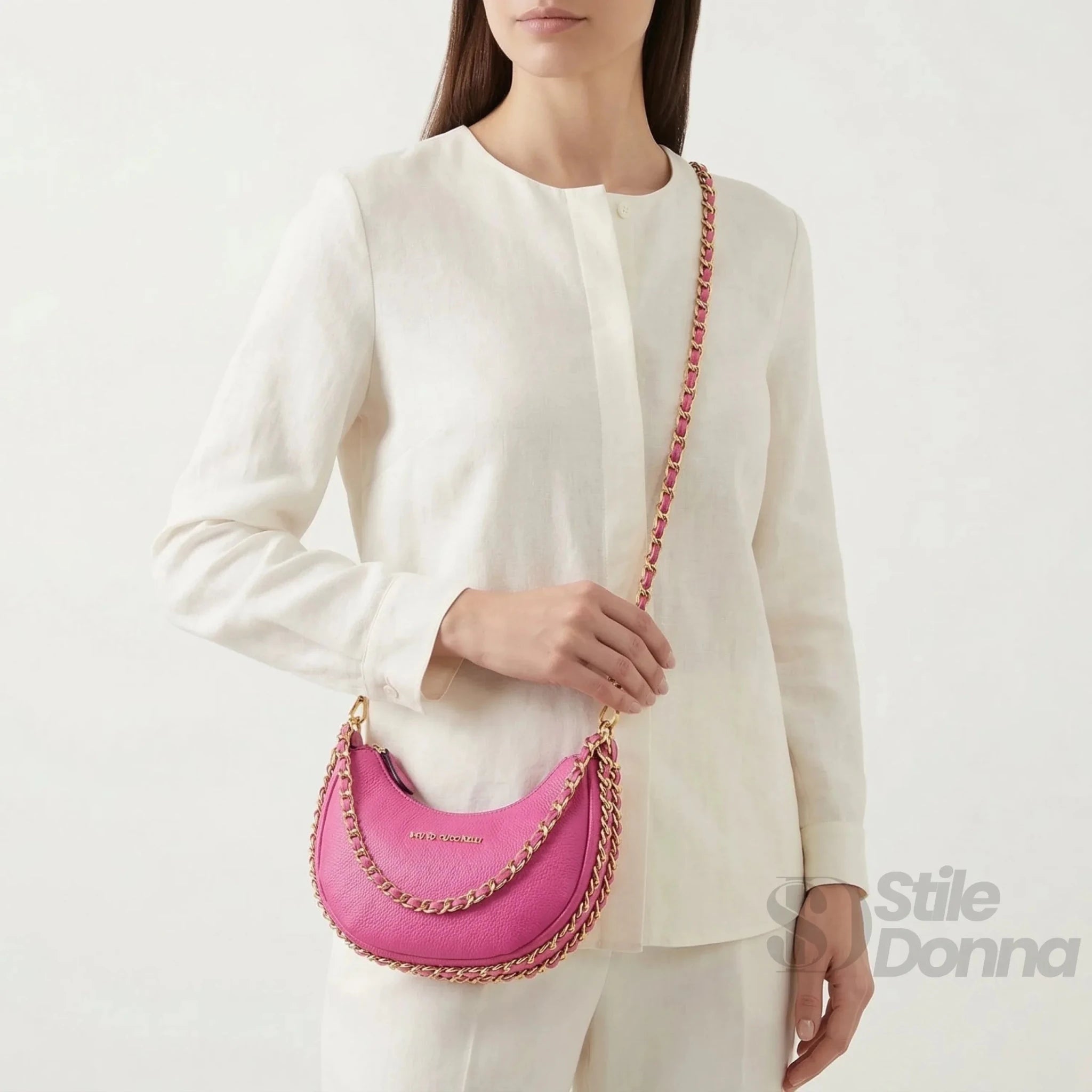 Enrico Coveri Borsa a Spalla Rosa con Tracolla a Catena Dorata - Stile Donna Bags