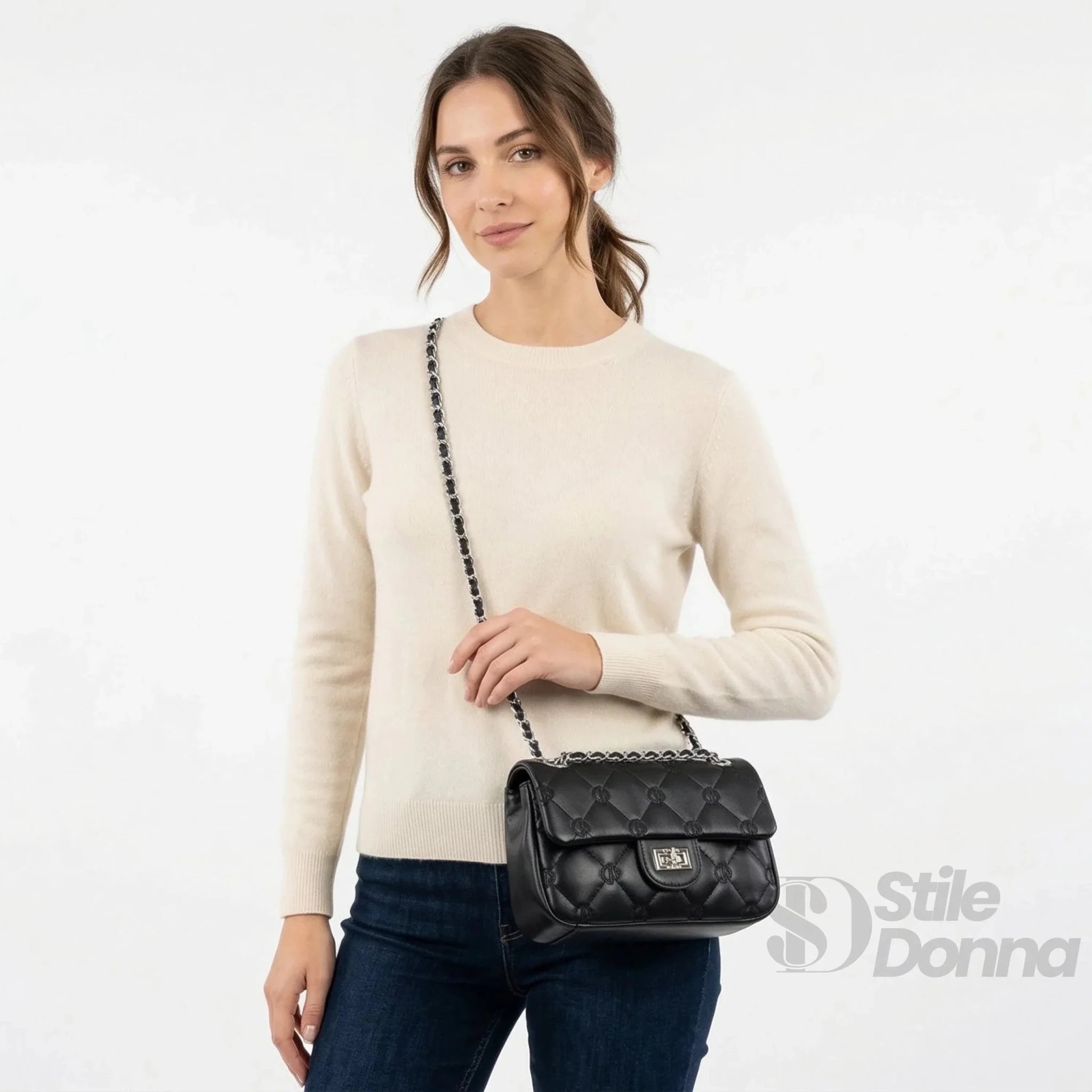 Enrico Coveri Borsa in Ecopelle con Tracolla a Catena Argento - Stile Donna Bags
