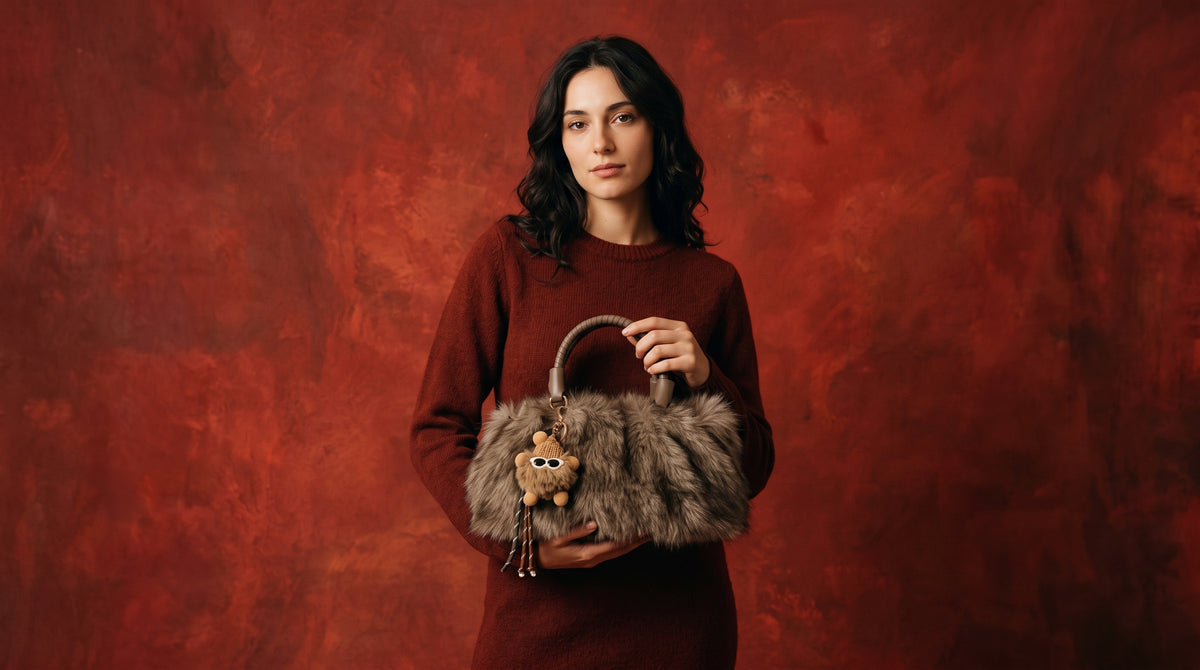 a woman holding a Fur bag