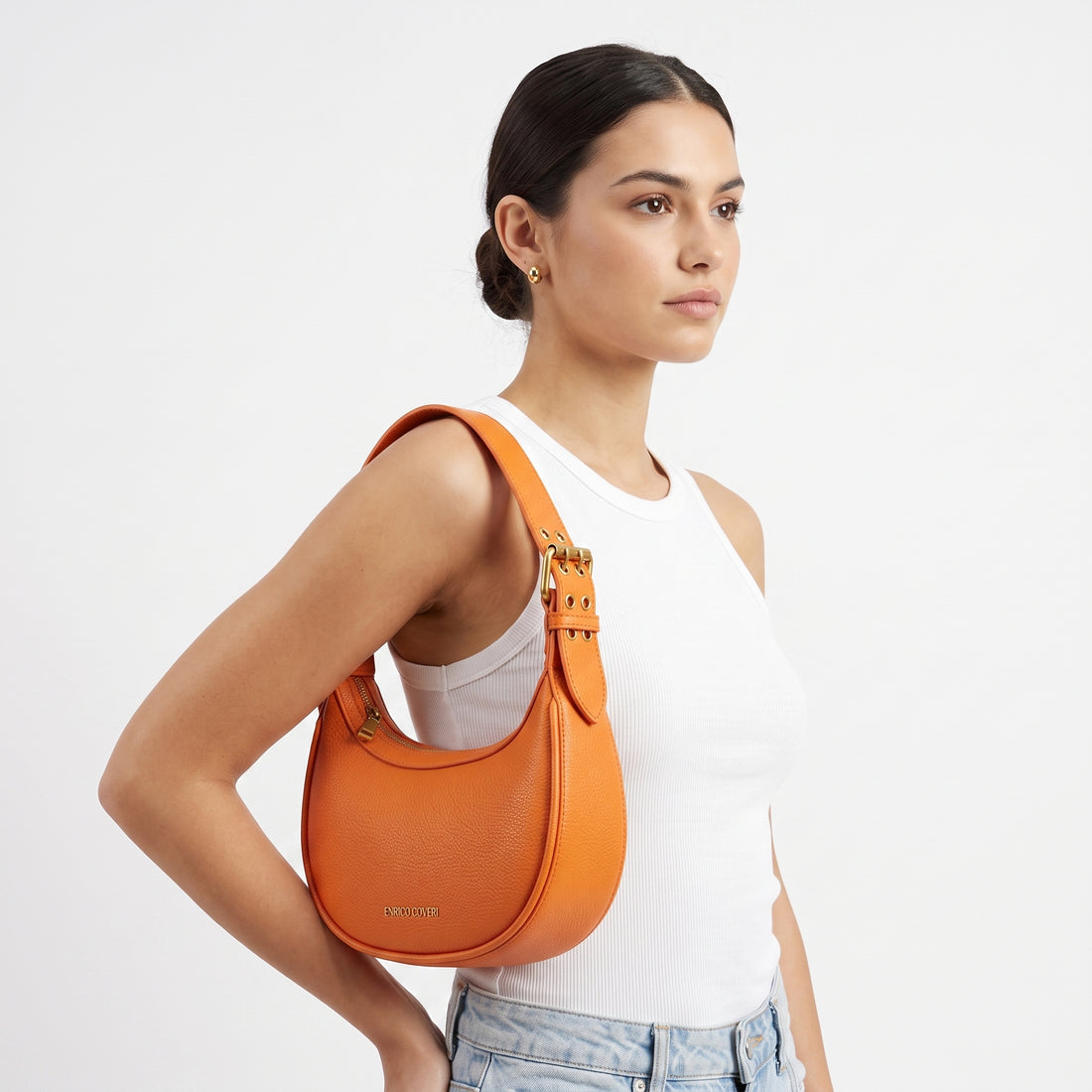 Enrico Coveri Borsa Hobo in Ecopelle Arancione con Dettagli Dorati