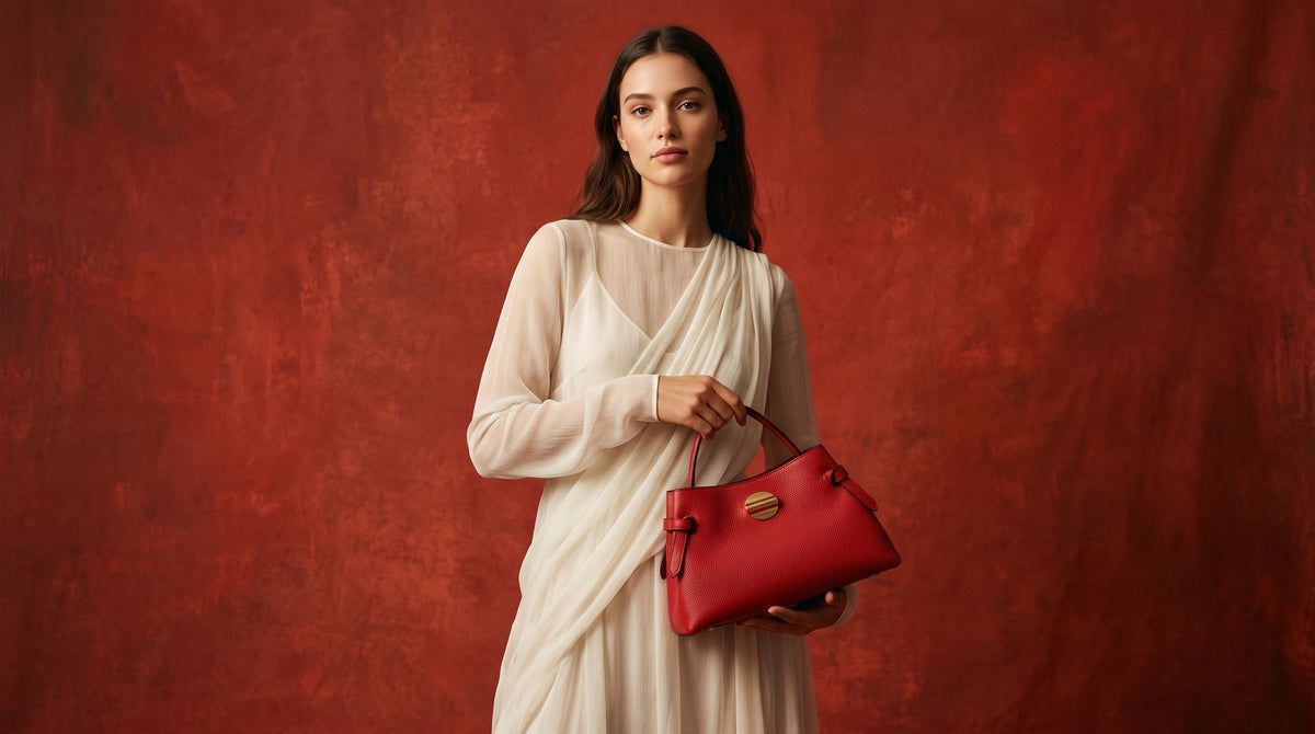 a woman holding a leather bag