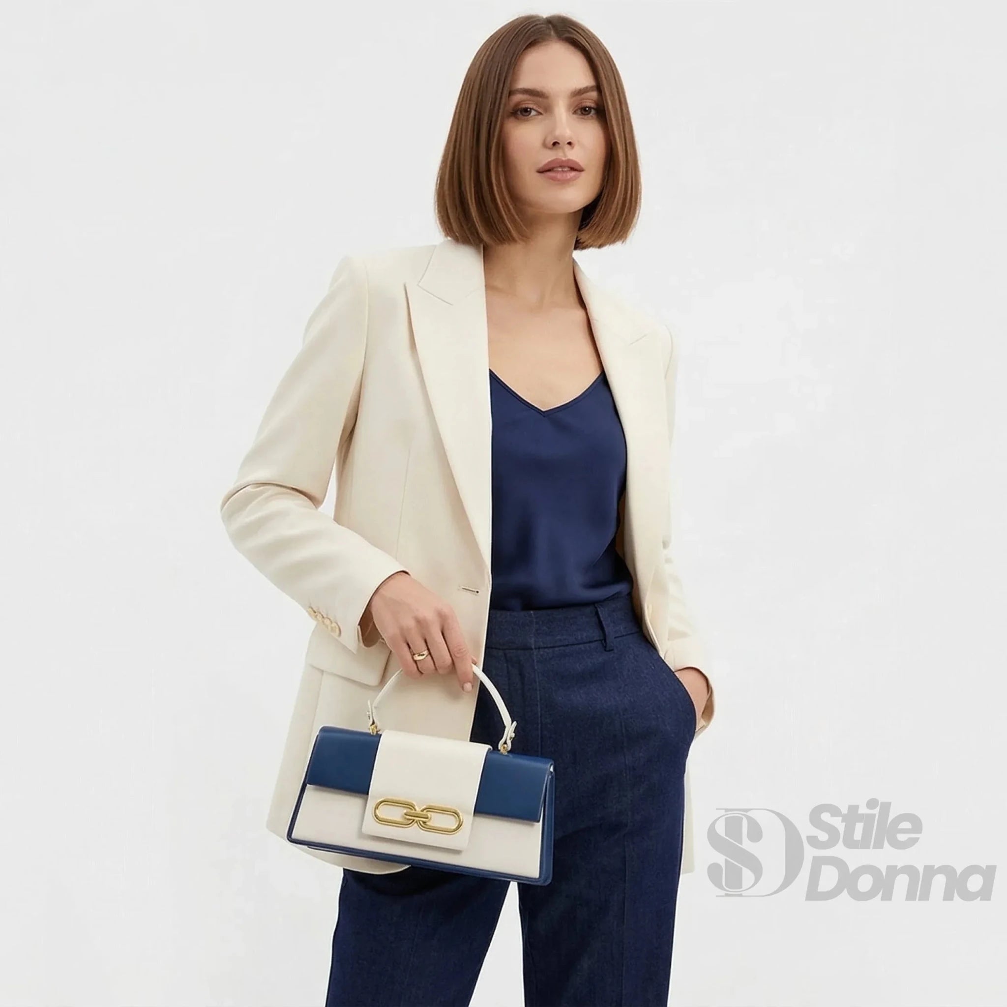 Herisson Firenze Borsa Bicolore Blu e Crema con Chiusura Dorata - Stile Donna Bags