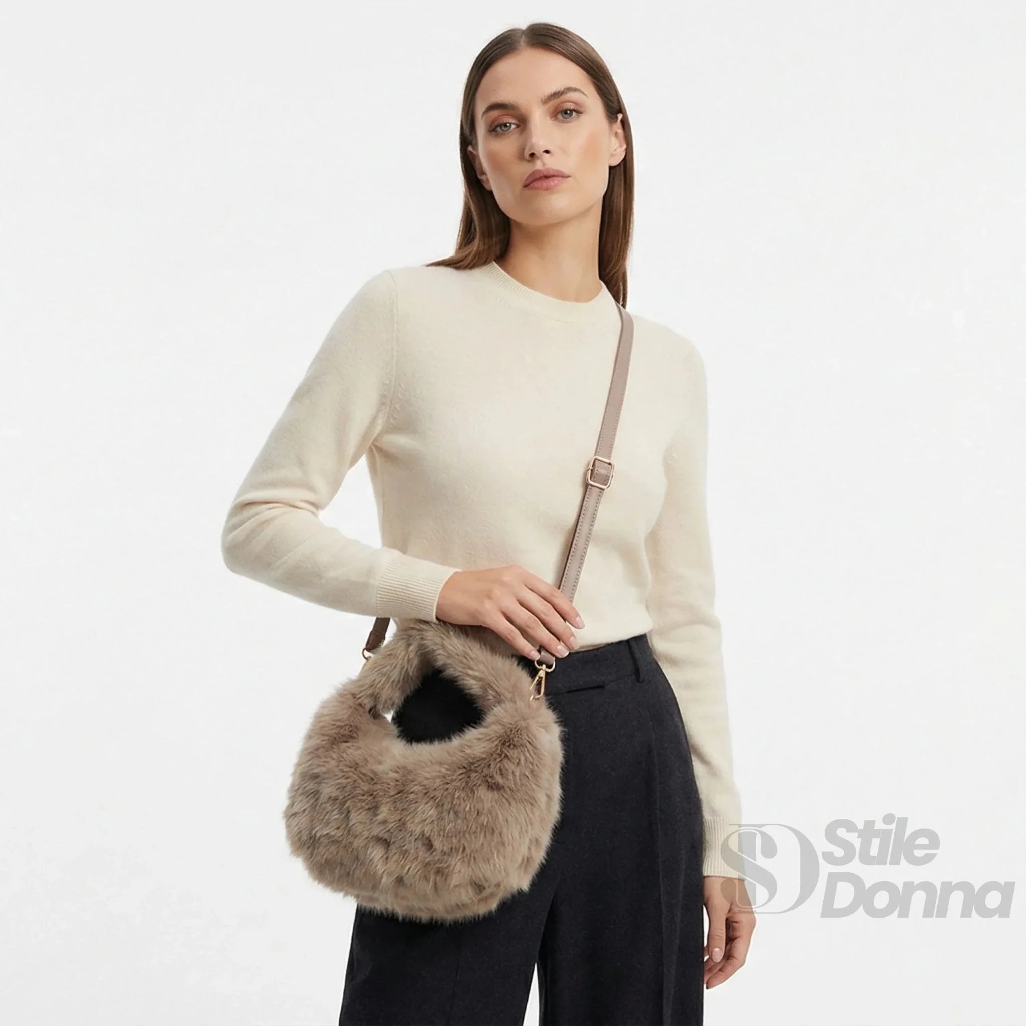 Mini Hobo in Pelliccia Sintetica con Fodera Microfibra Antistrappo - Stile Donna Bags