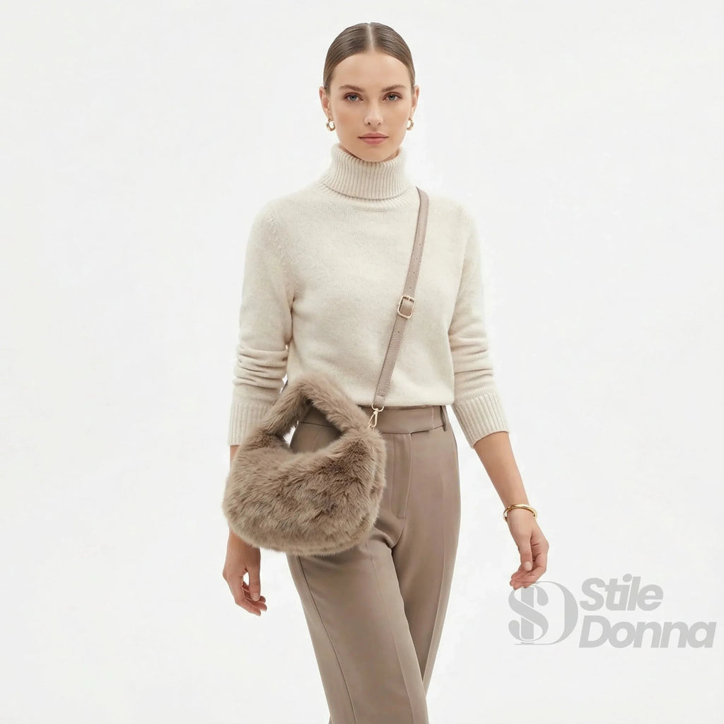 Mini Hobo in Pelliccia Sintetica con Fodera Microfibra Antistrappo - Stile Donna Bags