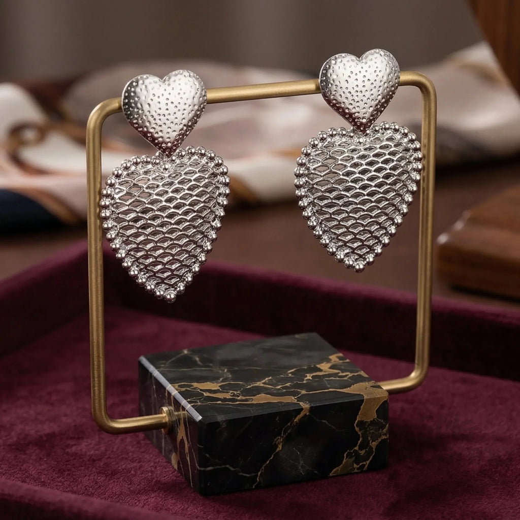 Orecchini Pendenti Doppio Cuore Argentati - Stile Donna Bags